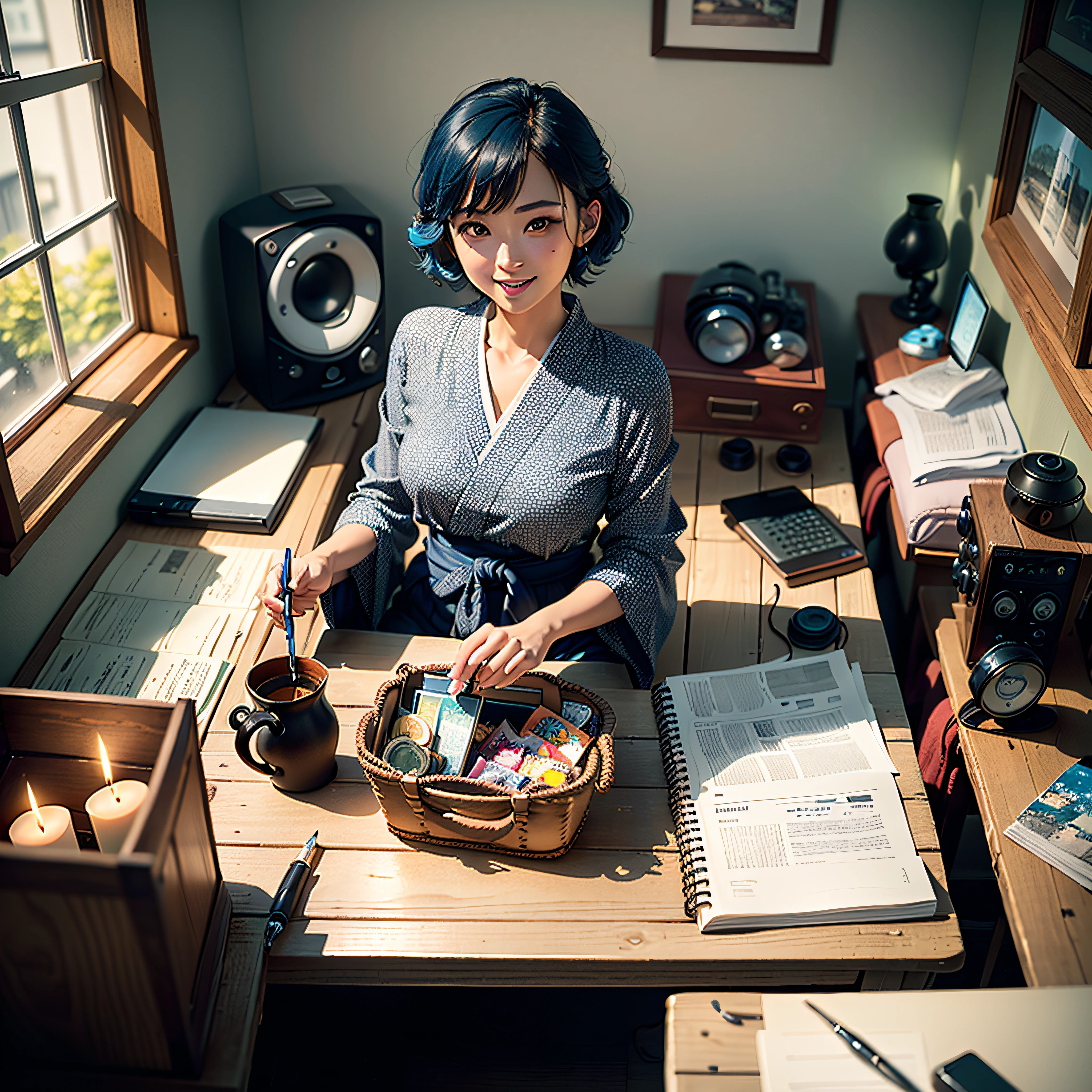 (Masterpiece, highest quality, highest resolution, distinct_image, very elaborate CG, cinematic lighting, ray tracing, drop shadows, detailed detail, (photorealistic: 1.4), high quality textures, fine-grained, realistic face expression): (Girl alone, face is Japan, blue hair, small size breasts, sparkling blue eyes, Eye level shot, happy smile, beauty, slim body, holiday, own room, game console, computer, display, keyboard, mouse, yukata, handgun holder, leather bag, long boots, antique radio, coffee, model train, bookshelf, wooden chair, pot, fan, painting, stuffed animal, tie, notebook, stationery, vase, photo frame, letter, fountain pen, calendar, lamp, cushion, basket, mirror, candle, newspaper, sweets, outside the window you can see the park, telephone, fruit, telescope, retro TV)