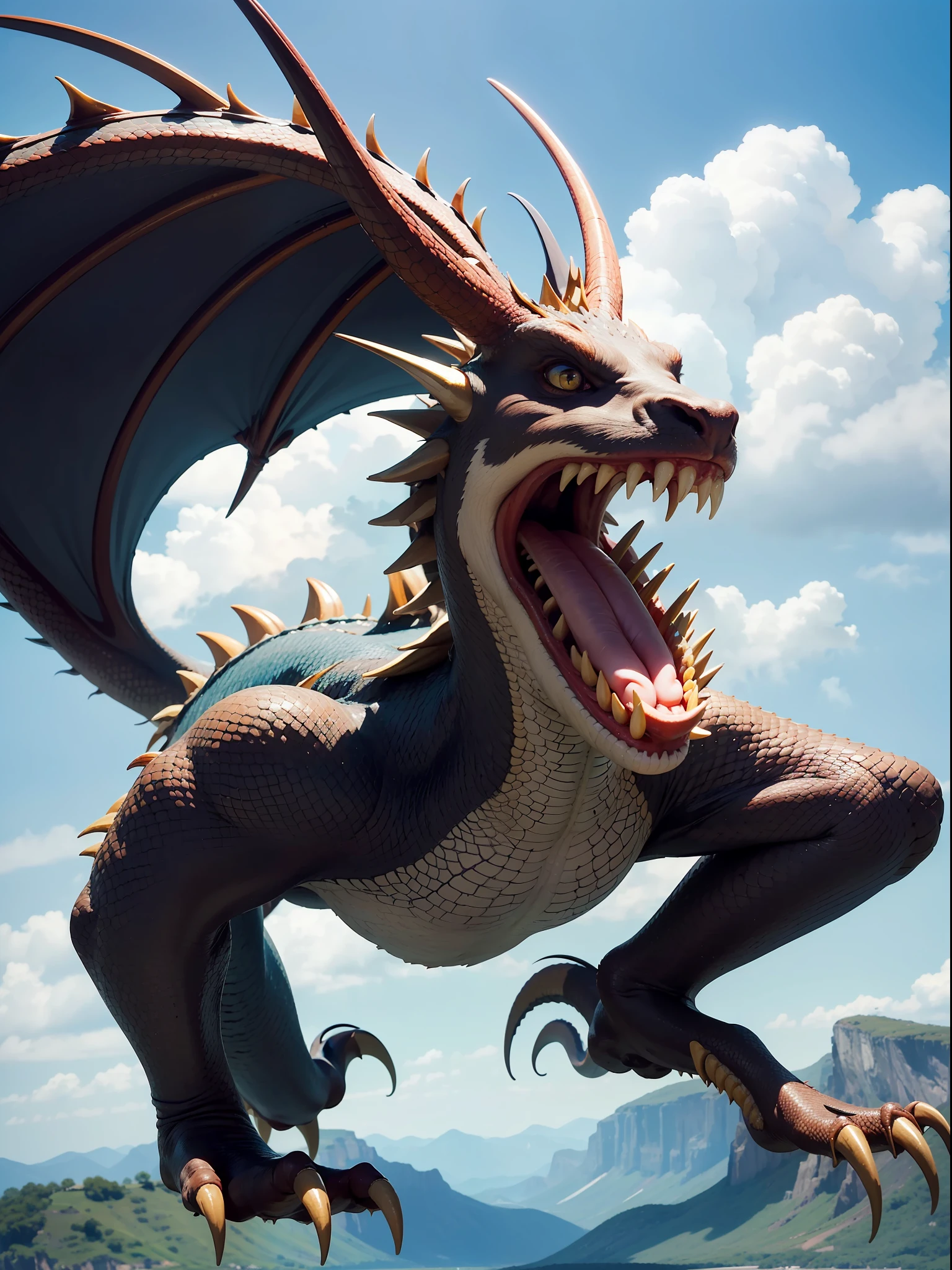 Best quality,masterpiece,ultra high res,nu no humans, (long:1.2),sky, yellow eyes, cloud, scales, eastern dragon, open mouth, sharp teeth, flying, horns, teeth, day, claws, fangs, blue sky