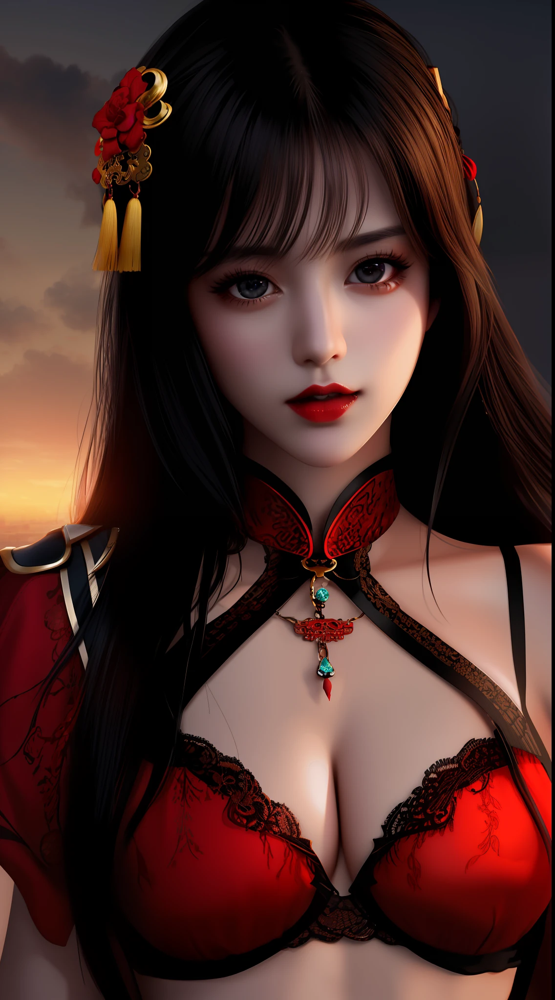 Realistic, 1 girl, see-through chinese armor soft red black, very large breasts, black hair, red lips, detailed eyes , dark backgrou,,Low light, Chinese underwear, best face,upper body, Low light landscape, sexy style, royal