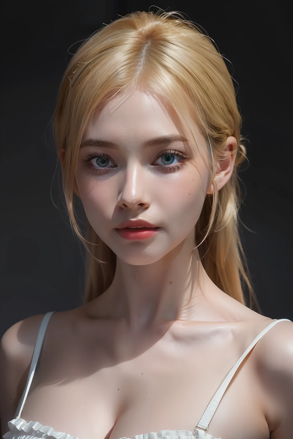 (8k, 4k, best quality, highres, ultra high res:1.1), (masterpiece, realistic, photo-realistic:1.1), 1girl (Margot Robbie), face, close-up, twintails, blonde hair, green eyes, red lips, (looking at the viewer:2), absurdly long hair, long eyelashes, shadow, small face, big eyes,
bare shoulders,
high contrast,