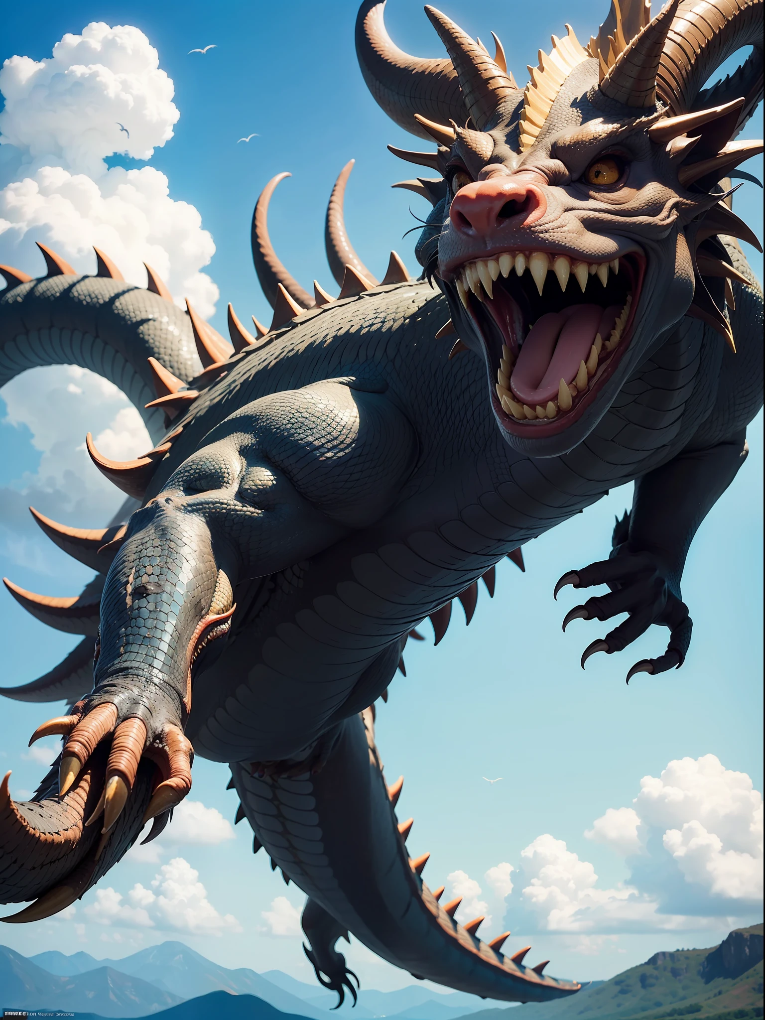 Best quality,masterpiece,ultra high res,nu no humans, (long:1.2),sky, yellow eyes, cloud, scales, eastern dragon, open mouth, sharp teeth, flying, horns, teeth, day, claws, fangs, blue sky