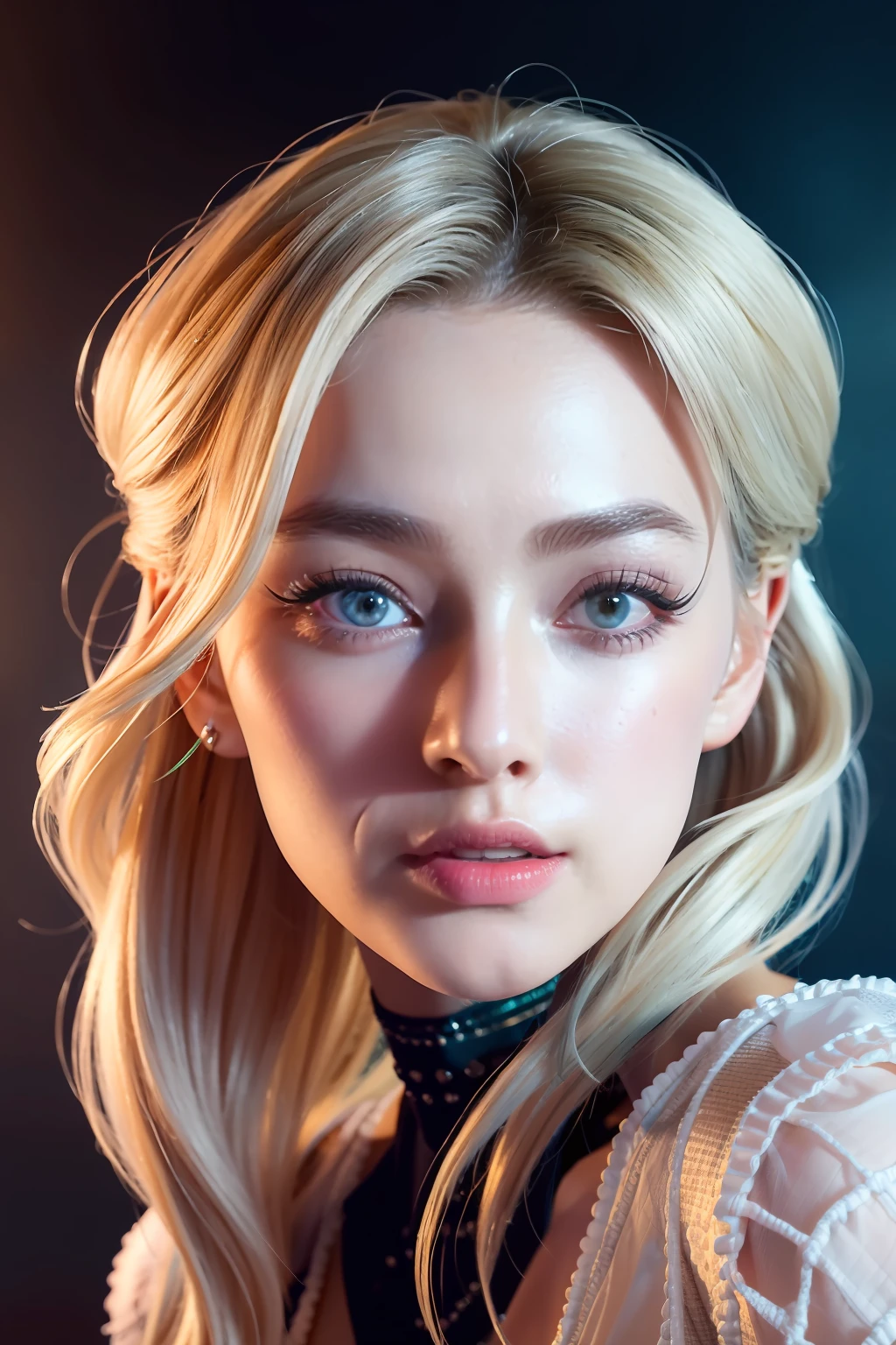 (8k, 4k, best quality, highres, ultra high res:1.1), (masterpiece, realistic, photo-realistic:1.1), 1girl (Margot Robbie), face, close-up, twintails, blonde hair, green eyes, red lips, (looking at the viewer:2), absurdly long hair, long eyelashes, shadow, small face, big eyes,
bare shoulders,
high contrast,