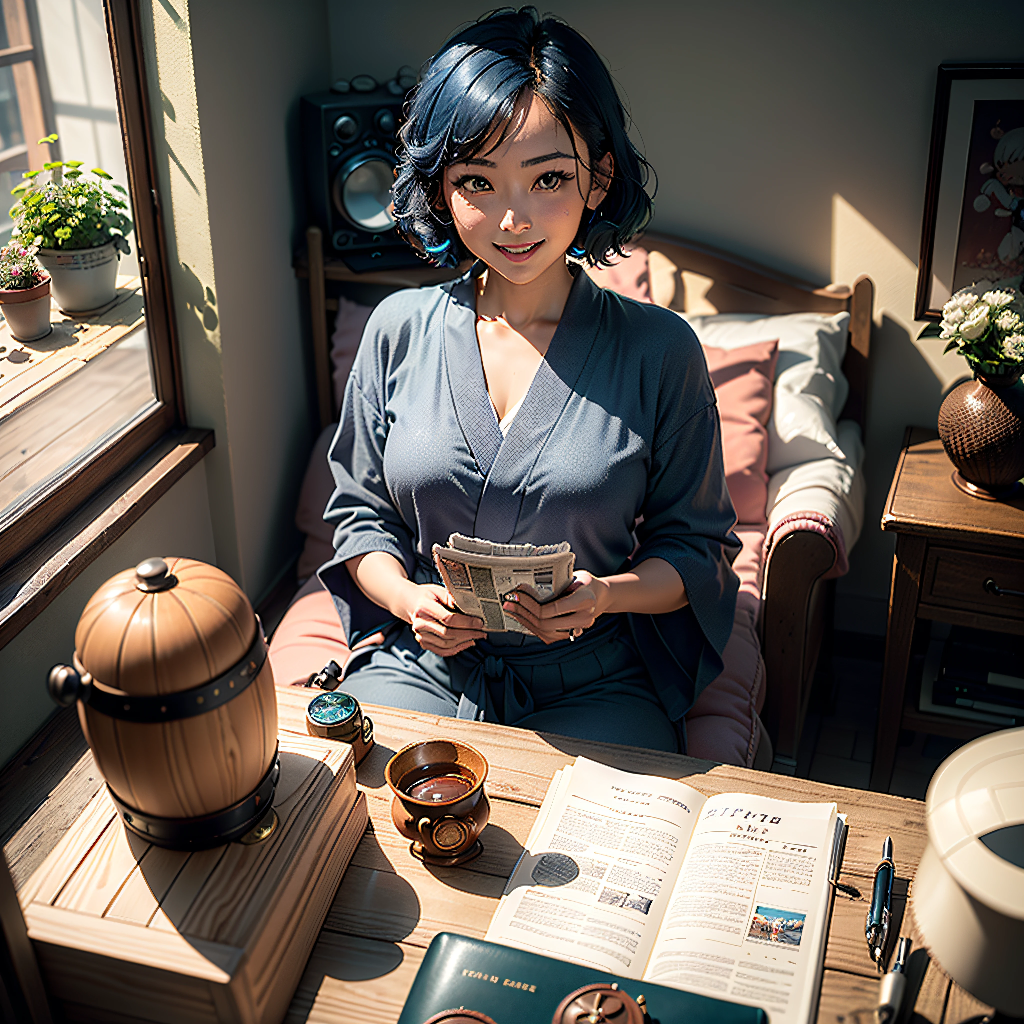 (Masterpiece, highest quality, highest resolution, distinct_image, very elaborate CG, cinematic lighting, ray tracing, drop shadows, detailed detail, (photorealistic: 1.4), high quality textures, fine-grained, realistic face expression): (Girl alone, face is Japan, blue hair, small size breasts, sparkling blue eyes, Eye level shot, happy smile, beauty, slim body, holiday, own room, game console, computer, display, keyboard, mouse, yukata, handgun holder, leather bag, long boots, antique radio, coffee, model train, bookshelf, wooden chair, pot, fan, painting, stuffed animal, tie, notebook, stationery, vase, photo frame, letter, fountain pen, calendar, lamp, cushion, basket, mirror, candle, newspaper, sweets, outside the window you can see the park, telephone, fruit, telescope, retro TV)
