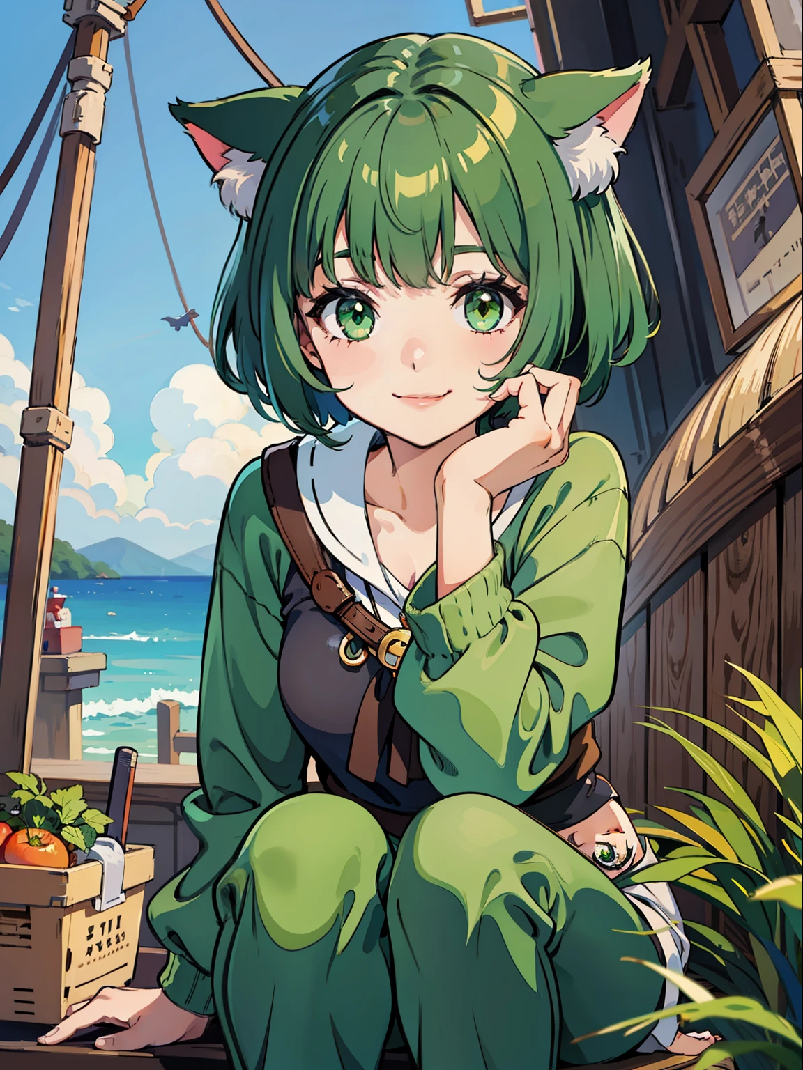 1 boat, cat girl, green short bob hair, green eyes, smile, fantasy