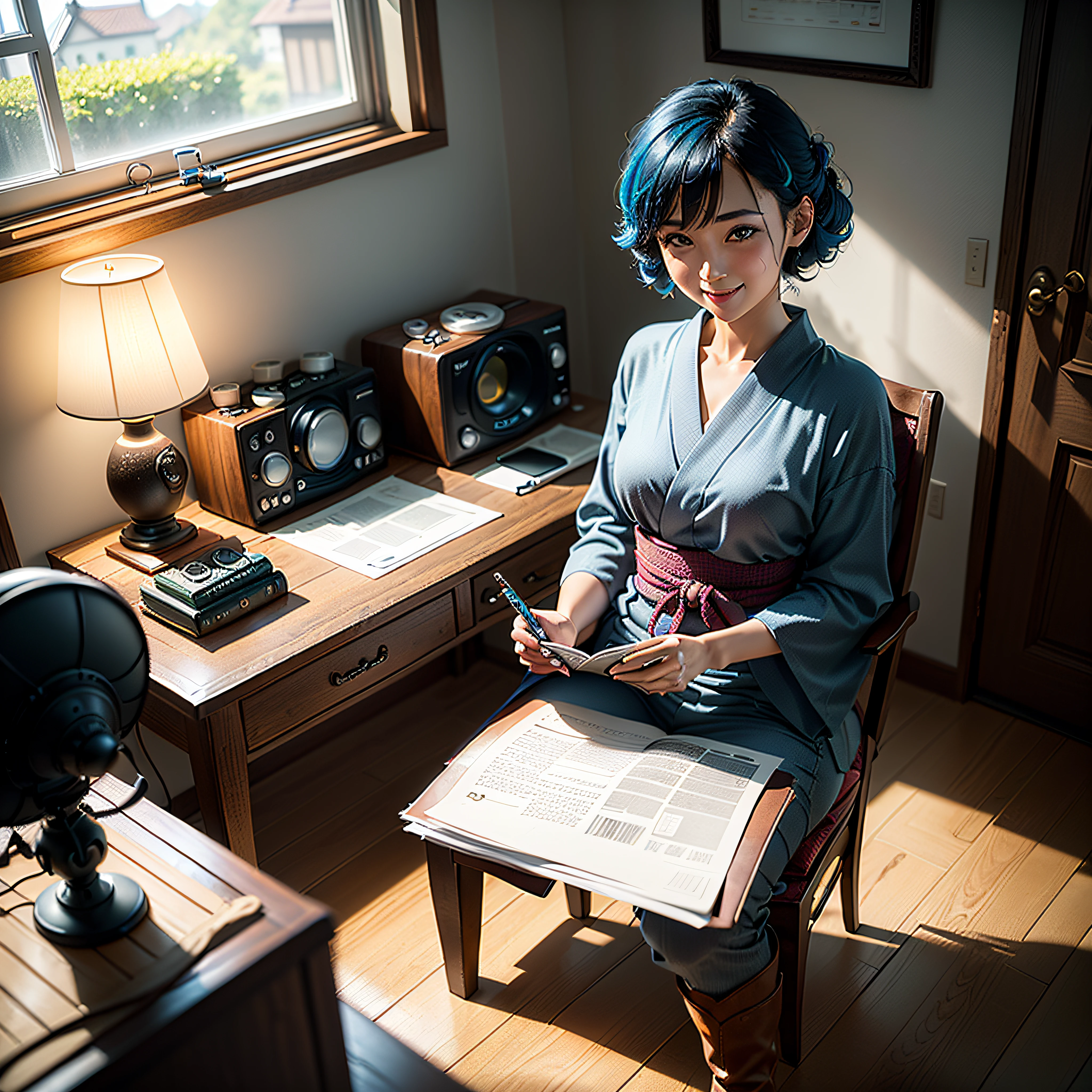 (Masterpiece, highest quality, highest resolution, distinct_image, very elaborate CG, cinematic lighting, ray tracing, drop shadows, detailed detail, (photorealistic: 1.4), high quality textures, fine-grained, realistic face expression): (Girl alone, face is Japan, blue hair, small size breasts, sparkling blue eyes, Eye level shot, happy smile, beauty, slim body, holiday, own room, game console, computer, display, keyboard, mouse, yukata, handgun holder, leather bag, long boots, antique radio, coffee, model train, bookshelf, wooden chair, pot, fan, painting, stuffed animal, tie, notebook, stationery, vase, photo frame, letter, fountain pen, calendar, lamp, cushion, basket, mirror, candle, newspaper, sweets, outside the window you can see the park, telephone, fruit, telescope, retro TV)