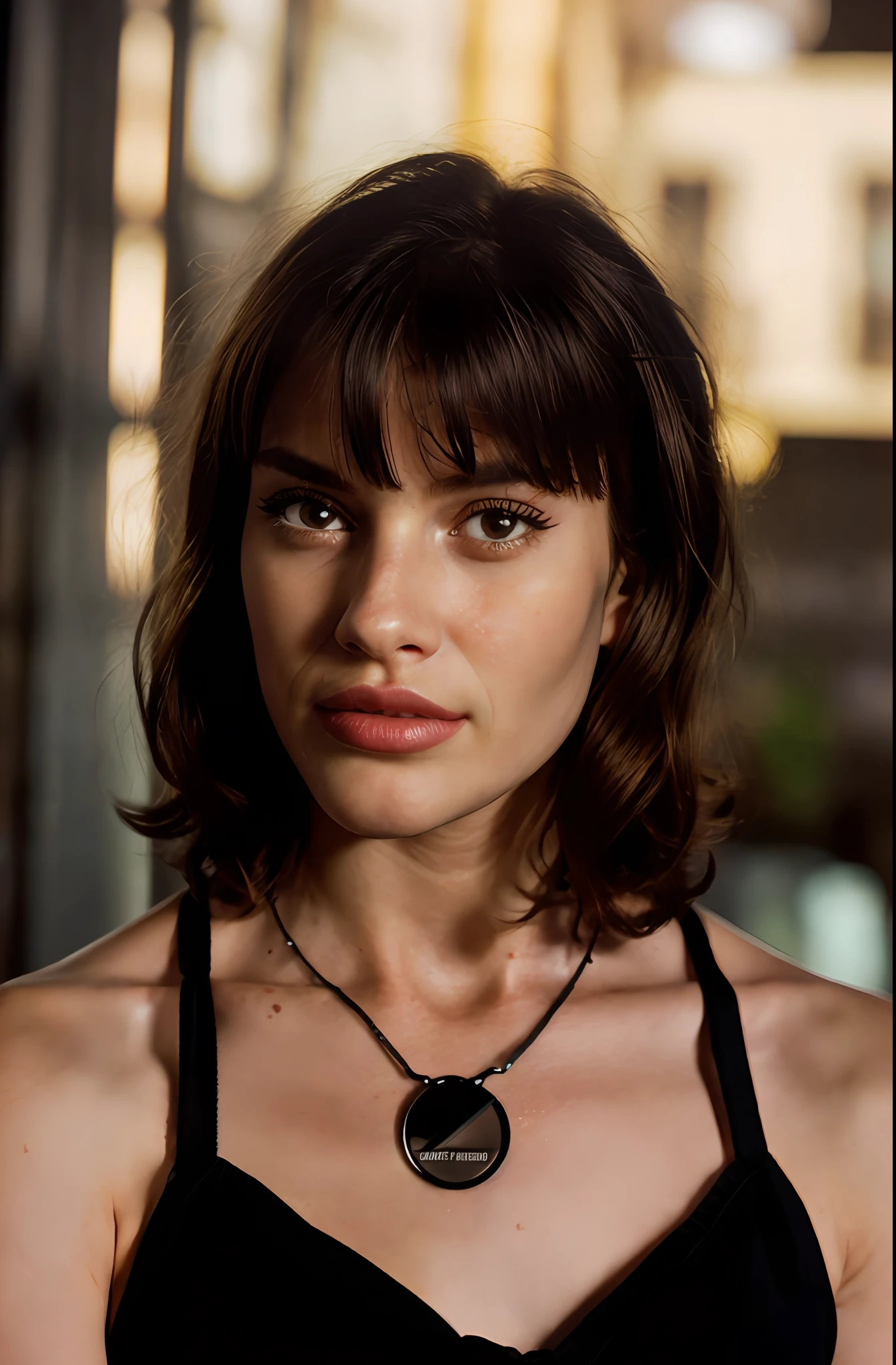 (close-up, editorial photograph of a futuristic 19-year-old woman), (highly detailed face:1.4) (smile:0.7) (background inside dark, serious, private study:1.3) POV, by lee jeffries, nikon d850, film bank photography,4 kodak portra 400, camera f1.6 lens, rich colors, hyper realistic, realistic texture, dramatic lighting, cinestill 800, traces of italian, white ethnicity, fleshy lips and angelic face,  Hyper realistic 4k, curly hair and short with smooth bangs, looking at the camera