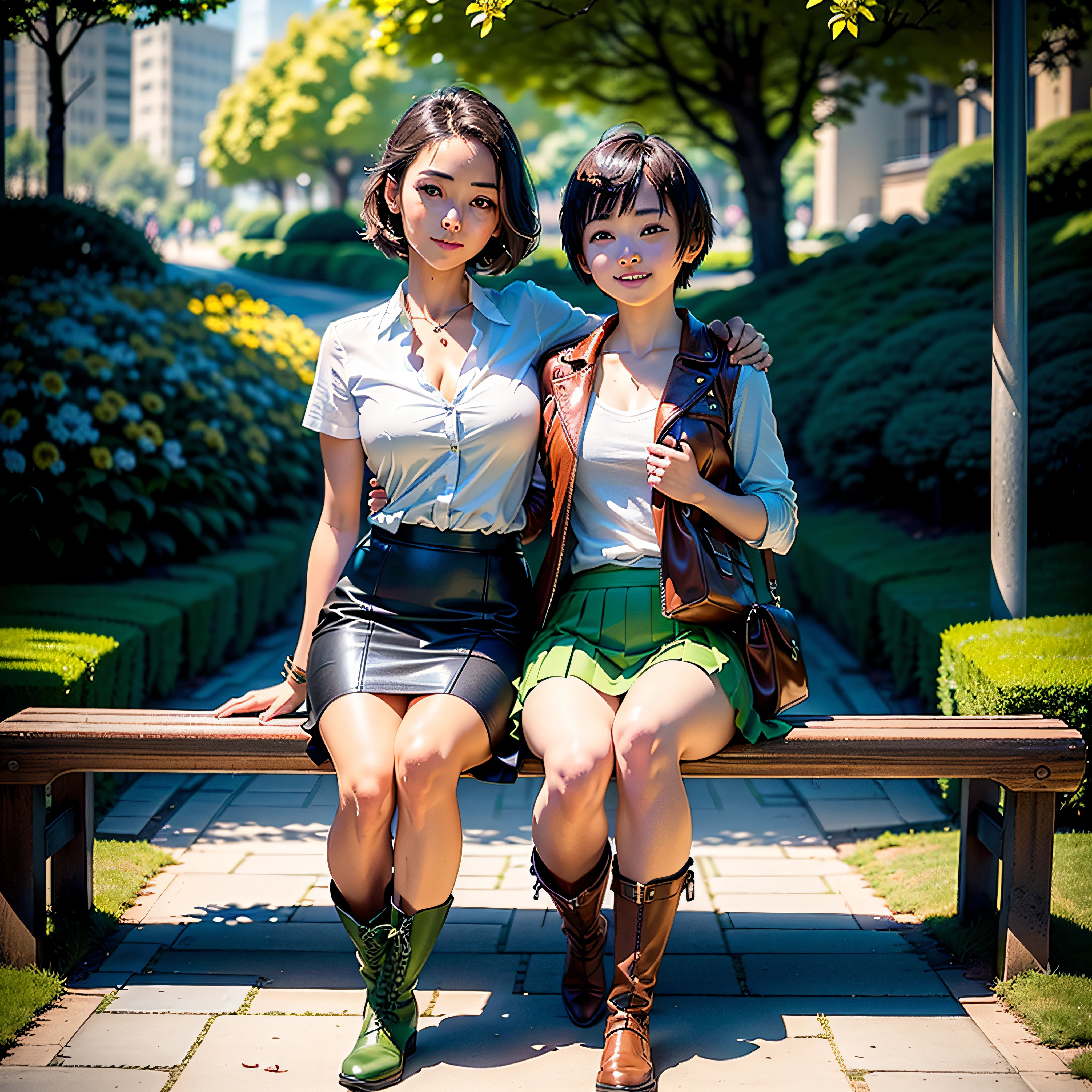 (Masterpiece, highest quality, highest resolution, distinct_image, very elaborate CG, cinematic lighting, ray tracing, drop shadows, detailed detail, (photorealistic: 1.4), high quality textures, fine-grained, realistic face expression): (lone girl, face is Japan, brown short hair, small size breasts, sparkling eyes, Eye level shot, happy smile, beauty, slim body, holiday, knee-length skirt, white shirt with collar, leather vest, cardian, handgun holder, carrying leather back on back, long boots, tie, fresh green season, sunny day with good climate, green park, lush trees, wide lawn, promenade in park, flower beds blooming, Swing ride, street, fountain, active angle)