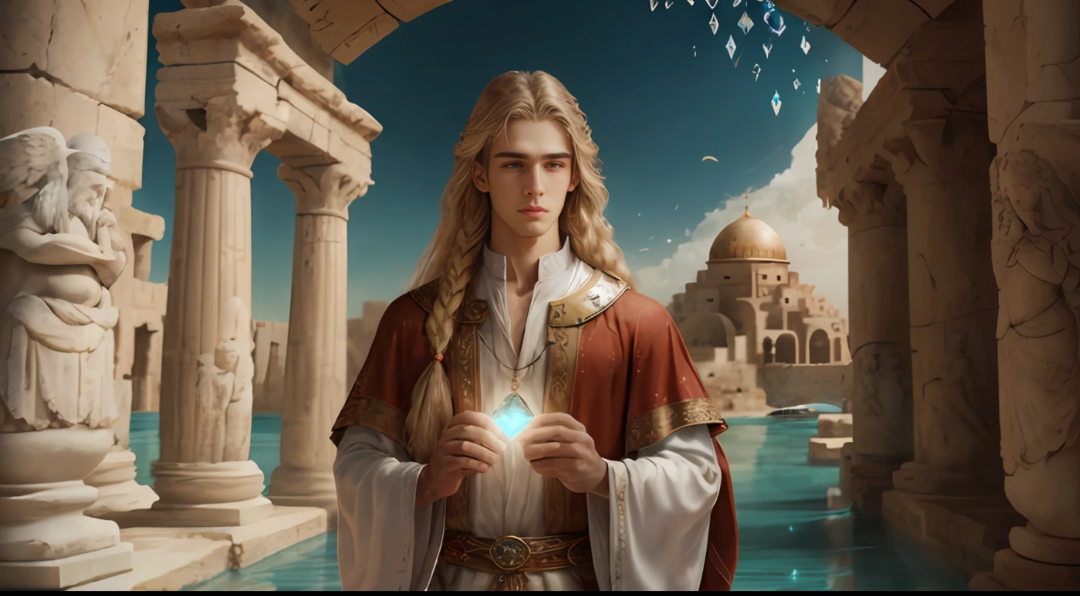 Gorgeous young man with long blond hair, light medieval clothes, soft and angelic face, he has no beard, holding a quartz crystal in his hands, he is looking straight ahead, representing a wise and loving spiritual mentor. In the background the ancient city of Atlantis. Realistic, detailed. --auto