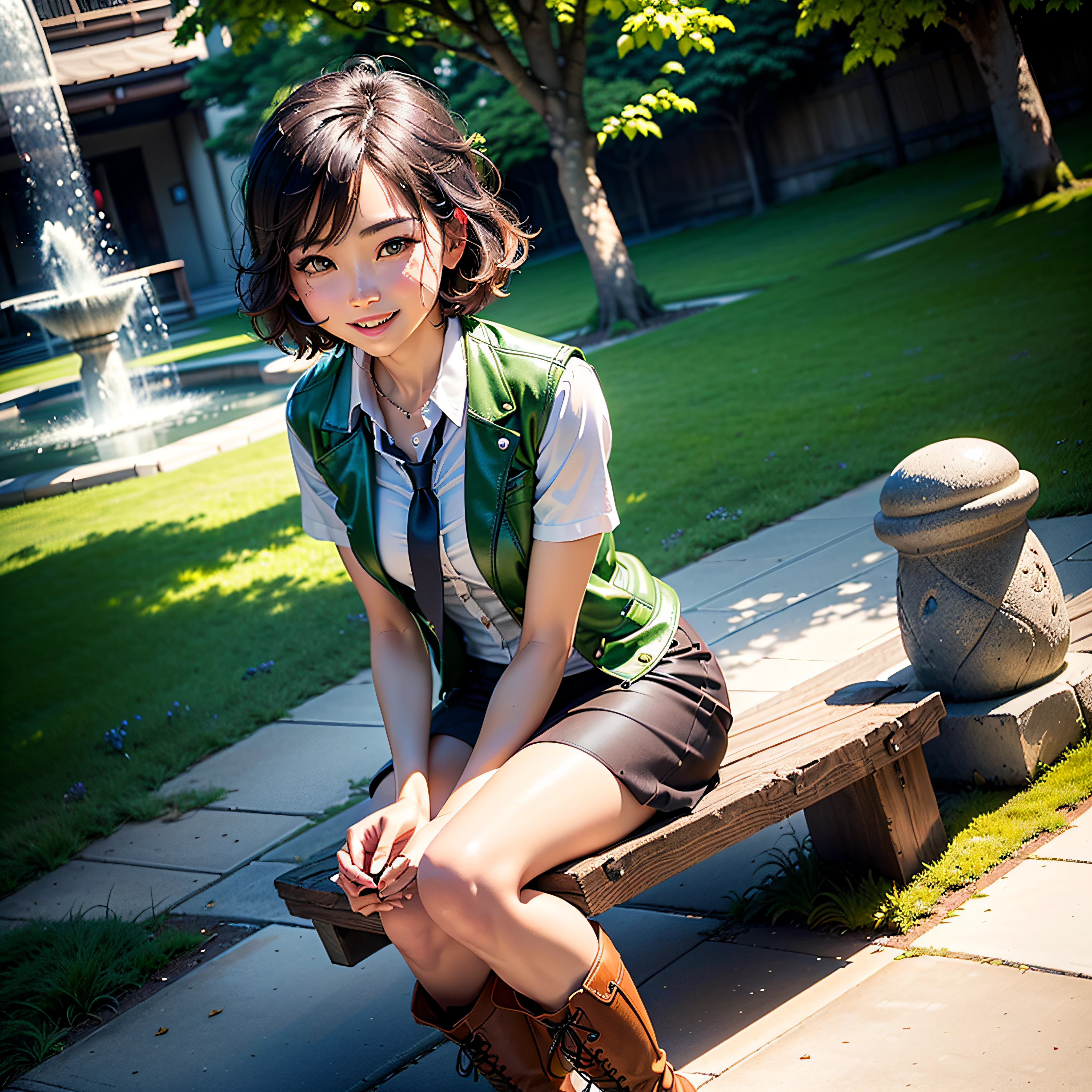(Masterpiece, highest quality, highest resolution, distinct_image, very elaborate CG, cinematic lighting, ray tracing, drop shadows, detailed detail, (photorealistic: 1.4), high quality textures, fine-grained, realistic face expression): (lone girl, face is Japan, brown short hair, small size breasts, sparkling eyes, Eye level shot, happy smile, beauty, slim body, holiday, knee-length skirt, white shirt with collar, leather vest, cardian, handgun holder, carrying leather back on back, long boots, tie, fresh green season, sunny day with good climate, green park, lush trees, wide lawn, promenade in park, flower beds blooming, Swing ride, street, fountain, active angle)