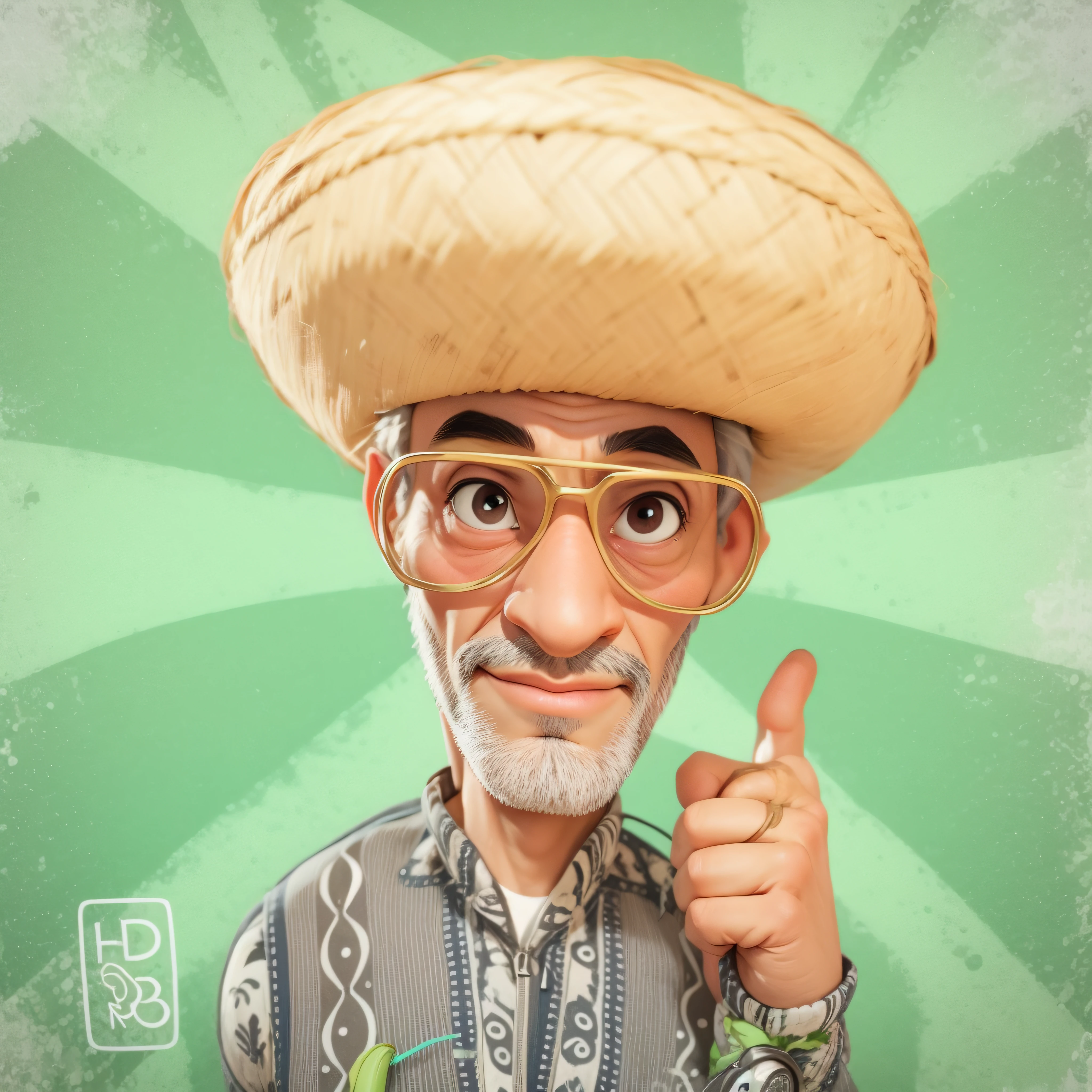Cartoon, pixar, [[[whole body]]] Lord of approximately 65 years [[[gray hair]]], [[[Whitebeard]]]Afro descendant, [[[dark brunette]]], [[[straw hat on head]]], [[[sunglasses]]], masterpiece, best quality, 3d rending work, 3DMM style, close-up, portrait, 3D, realistic, upper body, radio studio background, looking away, light brown eyes, white beard, fleshy lips, [[striped shirt]]].