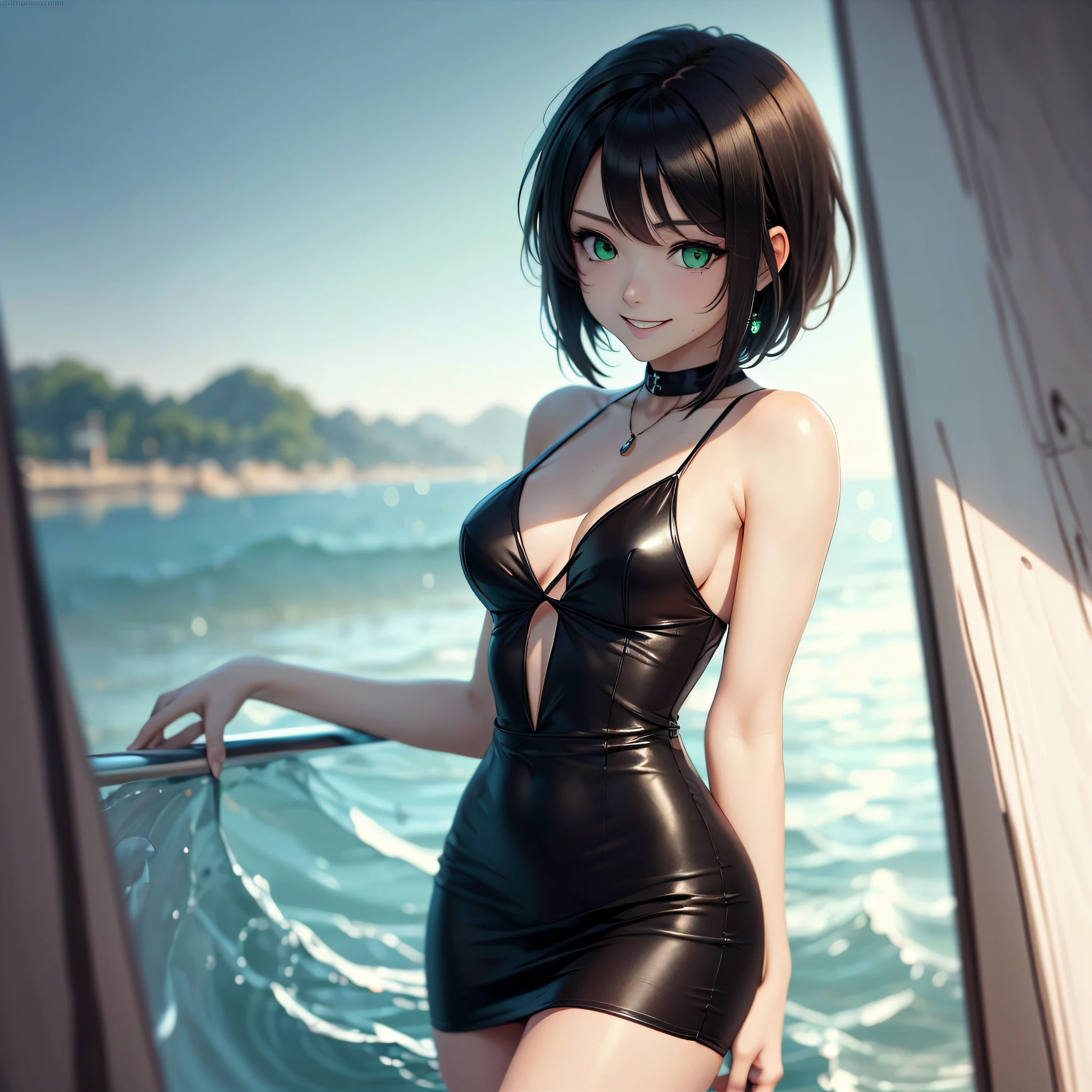anime style girl with green eyes, skin-thight black dress, sensual body, short browrn hair and a seductive smile --auto