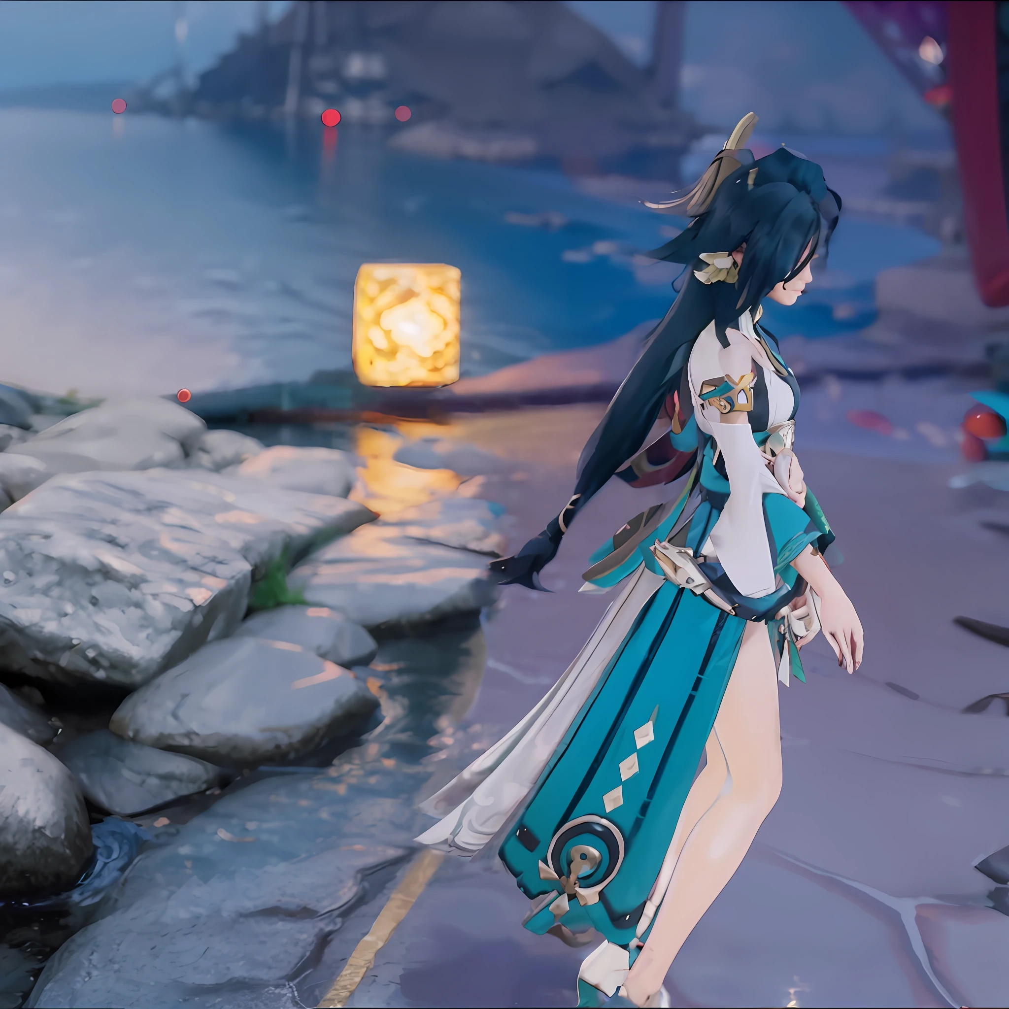 Anime Girl in blue dress walking on path near the body of water, Katsukoshi in Genshin Impact, Genshin Impact character, Genshin Impact style, Nakari in Genshin Impact, Ayaka Genshin Impact, Ayaka Game Genshin Impact, From Azure Lane Video Game, Genshin, Anime Girl Walking on Water, Guilty Gear Effort Graphics, Masterpiece, High Quality, High Details, 4K, textured skin