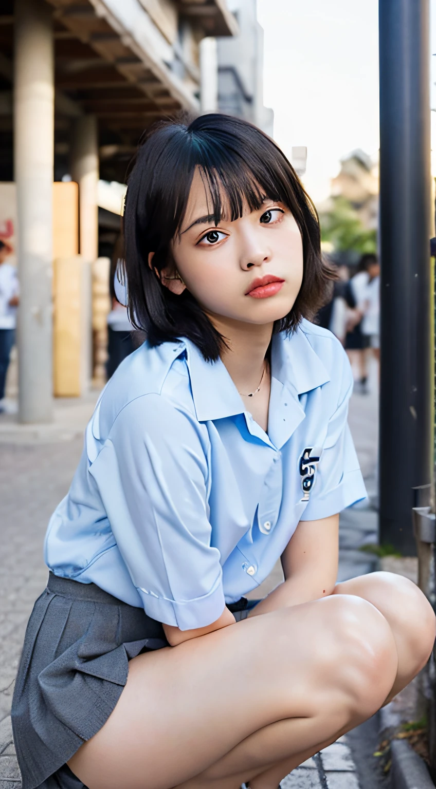 (Stanford:1.5), proximity, MASTERPIECE, maximum quality, RAW photograph, photorealistic, beautiful girls, cutest,18 years old in Japan、 (dark black hair、shortcut hair), Depth Of Field, High Definition, Super Detailed, Fine details, Highly Detailed, highly detailed eyes and face, Sharp pupils, Realistic pupils, Sharp focus, ccinematic lighting,(glaring、Angry、shame、ashamed)obscene、Student uniforms、navy blue pleated skirt、Skirt twisted、Beautiful butt、(Pastel colored panties)、(Location、Streets of Tokyo、Crowd in the background:1.4）、Look at the front and sleep on the ground、Open legs、spread leg、Inner thighs、Upper Eyes、M-shaped spread legs、sexy posing