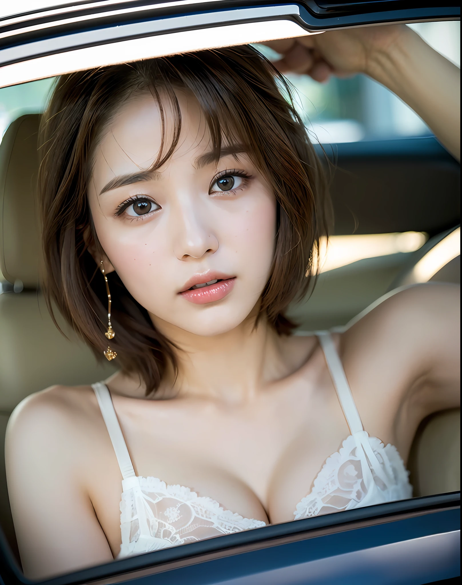 ((top quality, 8k, masterpiece: 1.3)), women (upper body portrait, frontal, small underwear, slouch, cleavage, in the car), overhead camera, sharp focus: 1.2, cute women: 1.4, (((brown-haired, bob-cut)), highly detailed face and skin and hair texture, detailed eyes, double eyelids, white skin, beautiful delicate nose, cute young Japan woman, 28 years old, It is a composition pleasing to the eye and thought-provoking while emphasizing the subject's hair, eyes, mouth and action, while exuding melancholy emotions characterized by a contrasting mix of light and shadow, with dynamic angles.