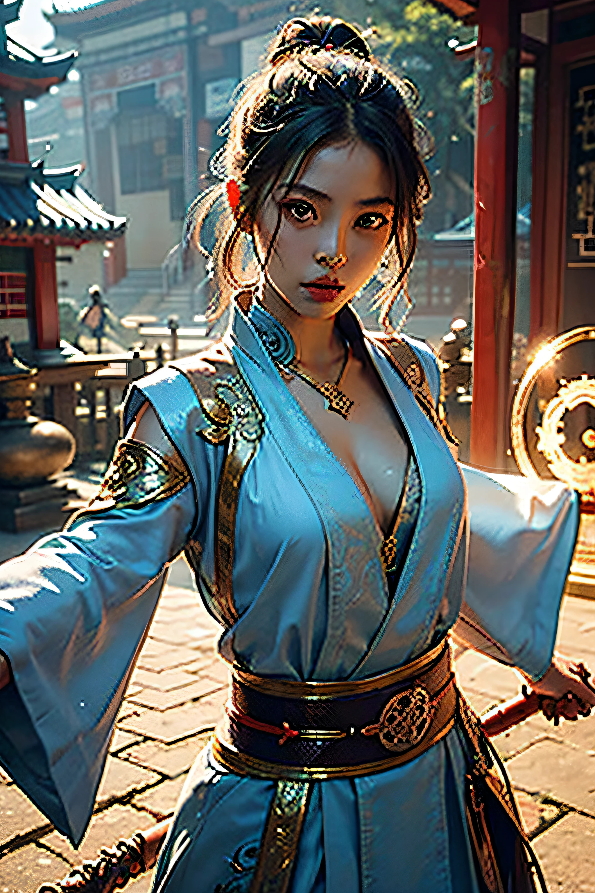 Best quality,masterpiece,ultra high res,(photorealistic:1.4),xiuxian,weapon,Detailed face,
1girl,solo,weapon,cleavage,(magic circle:1.2),xiuxian,upper body,Beautiful girl,full body,east asian architecture,sheath,architecture,