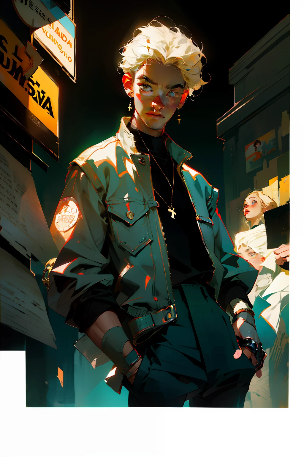 (best quality, masterpiece), ((1boy)), ((blonde)), denim, jacket, , 80s, looking at the viewer, band-aid on the face, stikers, upper body, handsome man, blurry, earrings, cinematic lighting, oil painting, John Singer Sargent, Chiaroscuro, J.C Leyendecker, digital art, urban fashion, hip hop, cool, street fashion, Retro, Kar-Wai filter, Kar-Wai Lens, citypop, vaporwave, new wave, 1980s, ((VHS effect)), neon city, (poster: 1.2), wall poster, nostalgia, movie poster, intricate detail, fine detail, super detail, diffused soft light