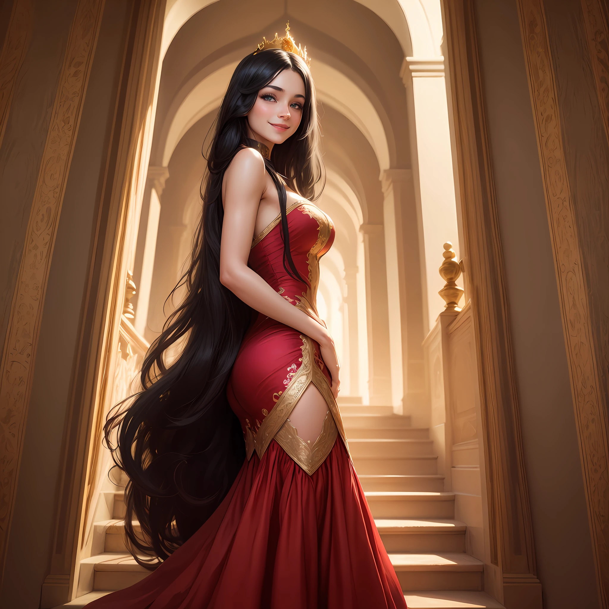 Princess enchanted with long black hair, blue eyes, perfect iris, smile on the happy face, with long red dress, descending a staircase of a Palace, with golden stairs and decoration and back of high luxury, perfect image, realistic, view from front to image, from front to the spectator