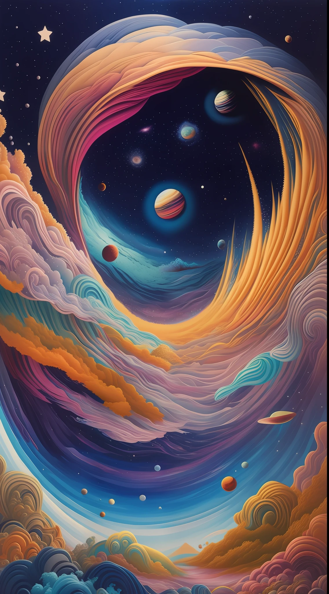 a painting of a colorful swirl with planets and stars in the background, cosmic and colorful, swirling water cosmos, detailed dreamscape, surreal space, portal to outer space, psychedelic surreal art, birth of the universe, jen bartel, infinite psychedelic waves, psychonaut universe, hyper - detailed visionary art, space colors, cosmic colors, vast cosmos, in the cosmos
