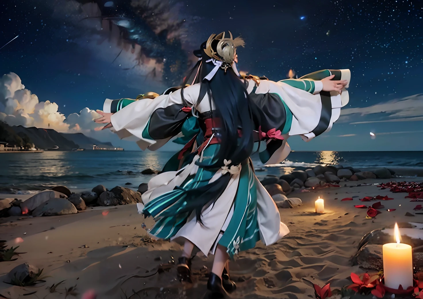 Close-up of a person on the beach with candles, Onmyoji, Genshin Impact Keqing, Onmyoji Detailed Art, Genshin Shock Nakari, Video Game from Azur Lane, Onmyoji Portrait, Flowing Hanbok, Azure Lane Style, Ayaka Genshin Impact, Kimono