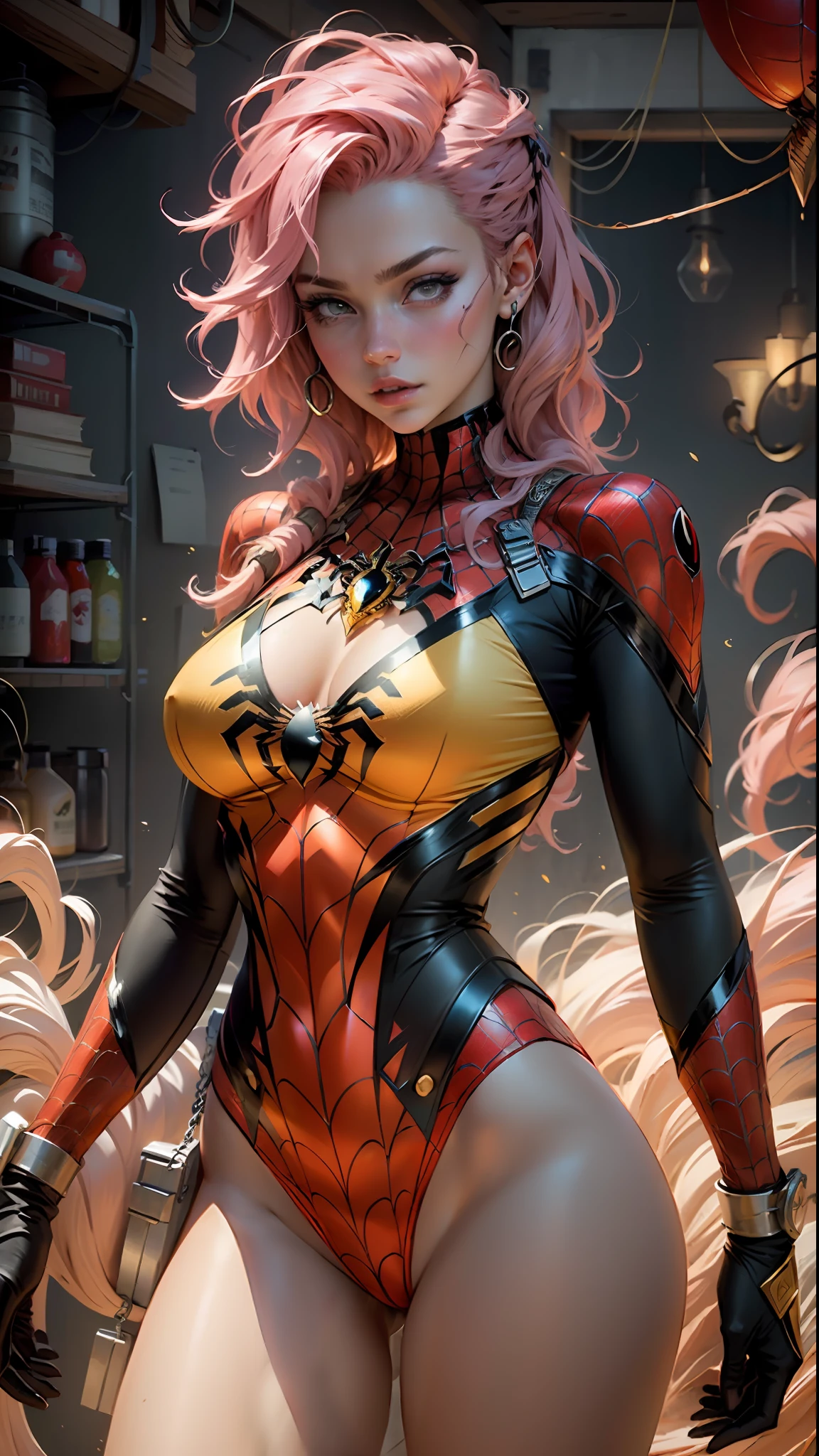 Beautiful pink hair woman detailed defined body using golden spider man cosplay, huge breasts