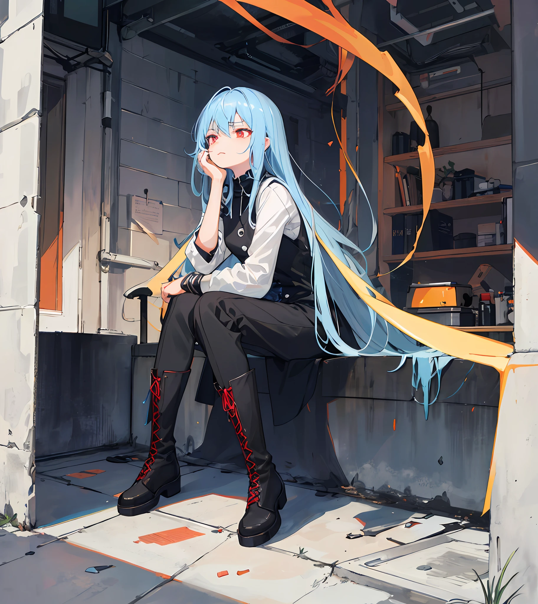 Best quality, 1 girl, solo, blue hair, red eyes, dark environment, disdain, sitting, looking up, sick, dark, blackened, blackened, blackened, frontal, bored expression, sole of boots, sick, sneer, fear, big miss