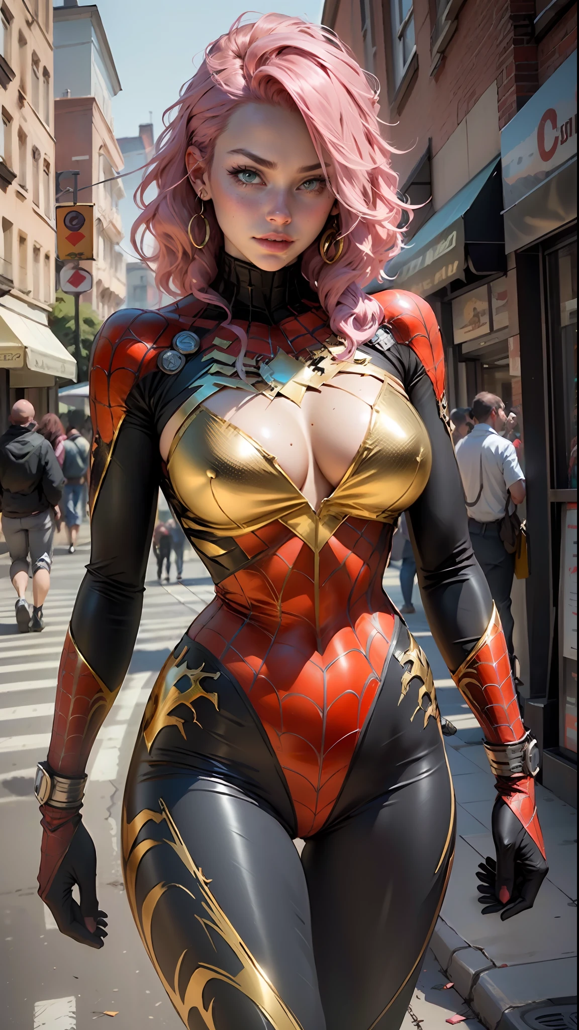 Beautiful pink hair woman detailed defined body using golden spider man cosplay, huge breasts