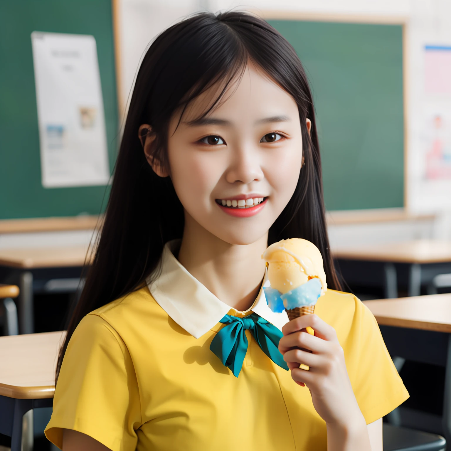 Smiling asian girl holding yellow and blue ice cream, student, a surreal schoolgirl, inspired by Sung Yanjun, portrait of a high school girl, surrealist schoolgirl, inspired by Kim Jong-hye, korean girl, girl in uniform, young cute girl, beautiful anime high school girl