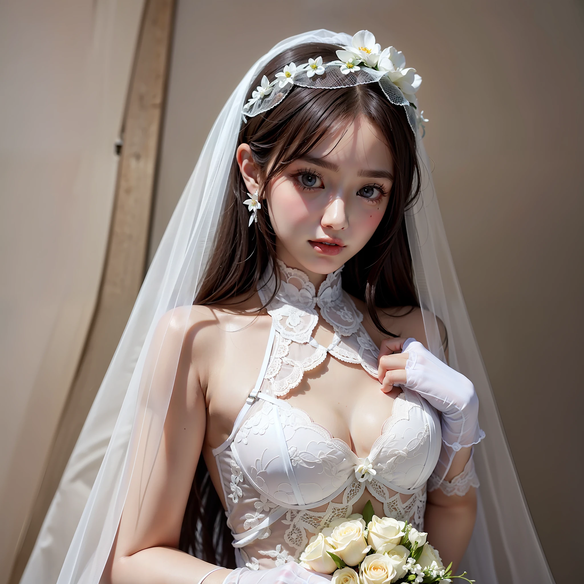 Wedding veil, white lace underwear, detailed and delicate face, dark eyes, small bouquet, white gloves, crystal clear skin, big