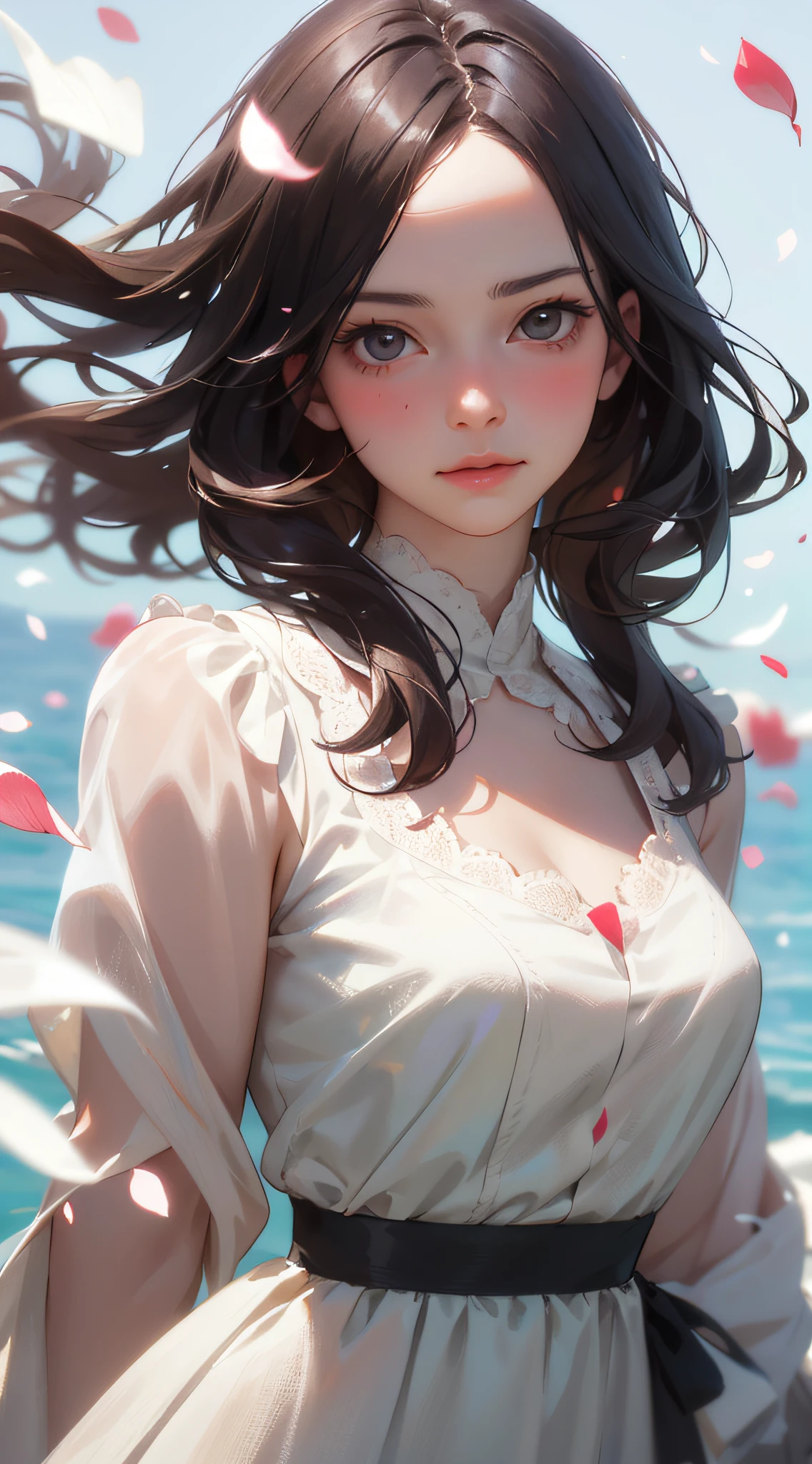 (best quality, masterpiece, ultra-realistic), 1 beautiful and delicate portrait of a girl, playful and cute, with floating petals in the background
