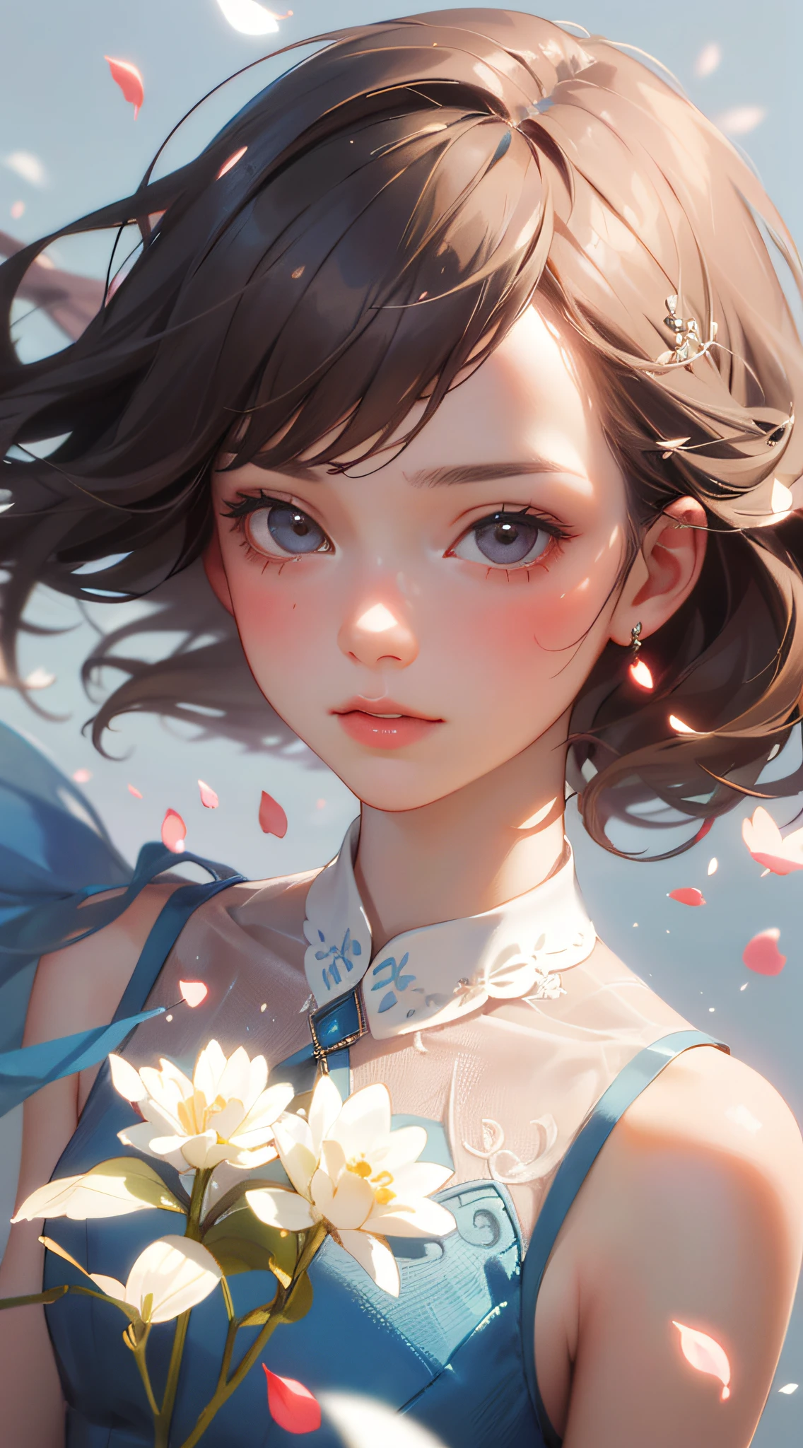 (best quality, masterpiece, ultra-realistic), 1 beautiful and delicate portrait of a girl, playful and cute, with floating petals in the background