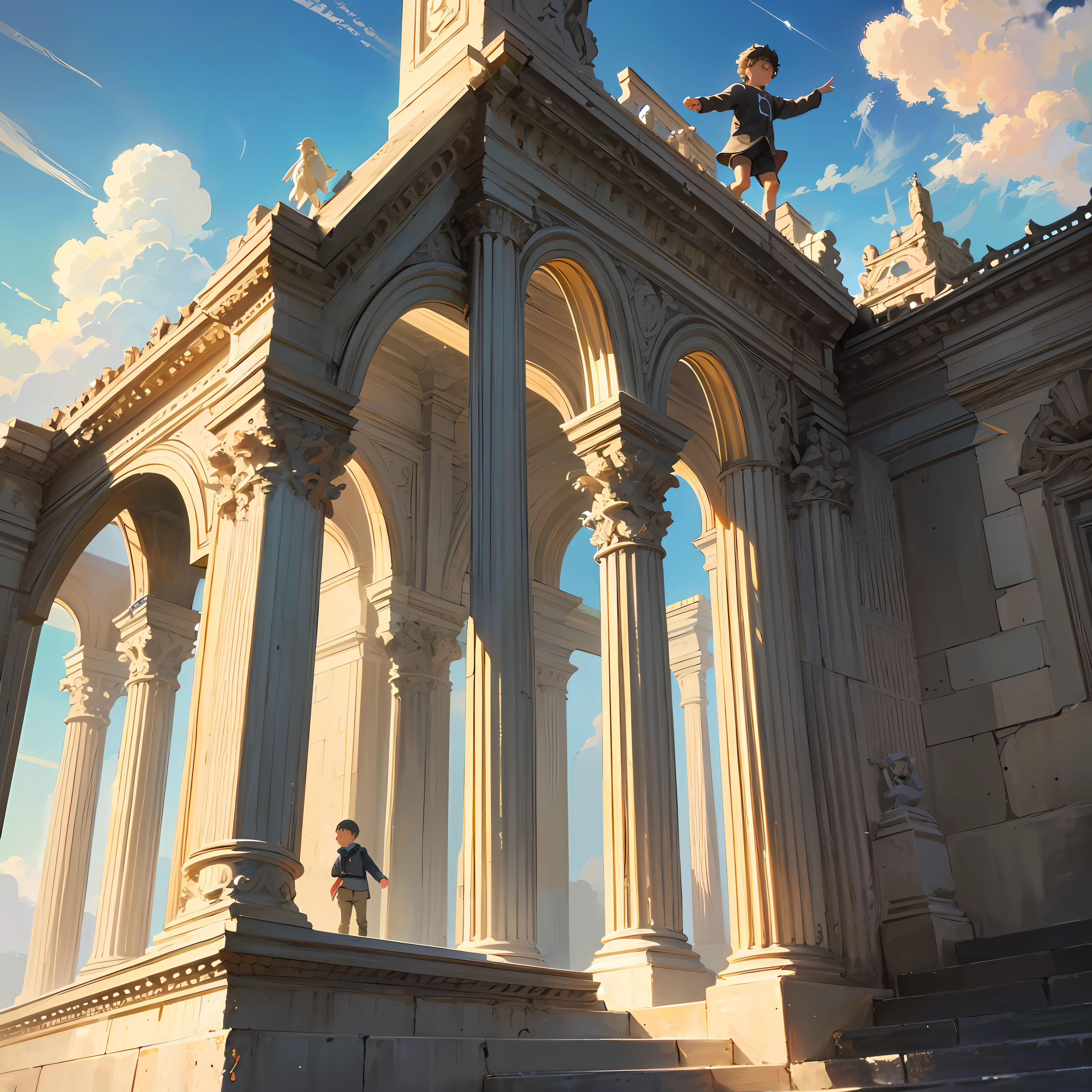 "Create an image of a young boy climbing a staircase that leads to a heavenly realm. The stairs are ethereal and seem to fade into the clouds above. The boy's expression is filled with wonder and anticipation as he ascends towards a divine destination. Capture the sense of spiritual ascent and the hope of reaching a higher plane." --auto