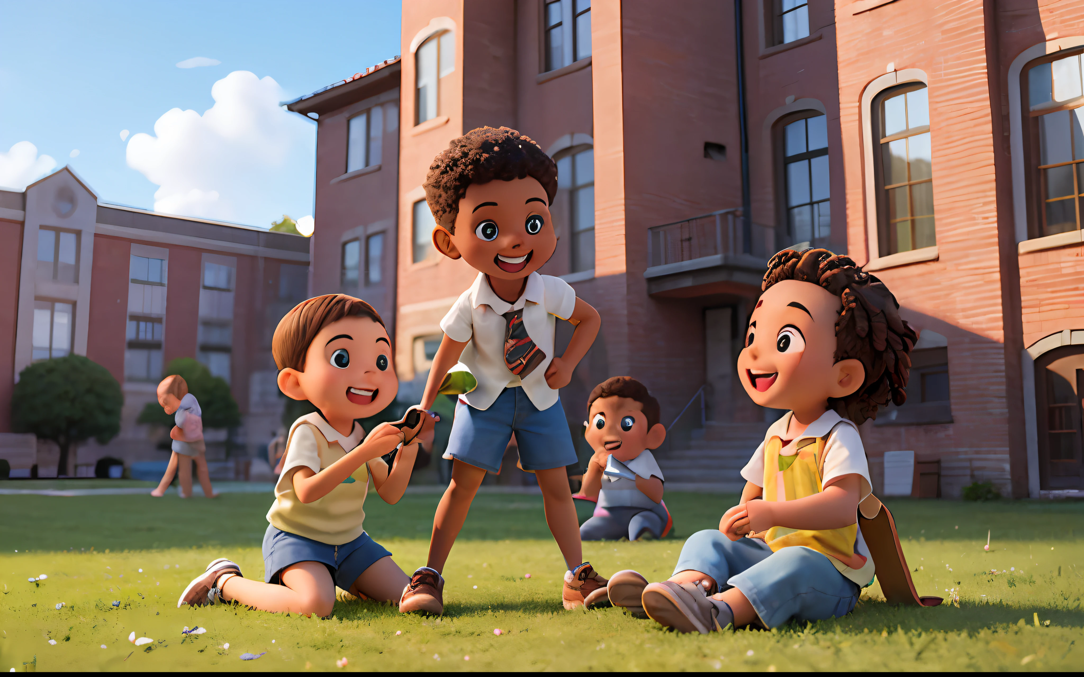 (8k, RAW photo, best quality, masterpiece: 1.2), (realistic, photorealistic: 1.37), african american children, happy, detailed photo playing on school lawn, beautiful school, art school, maximum quality
