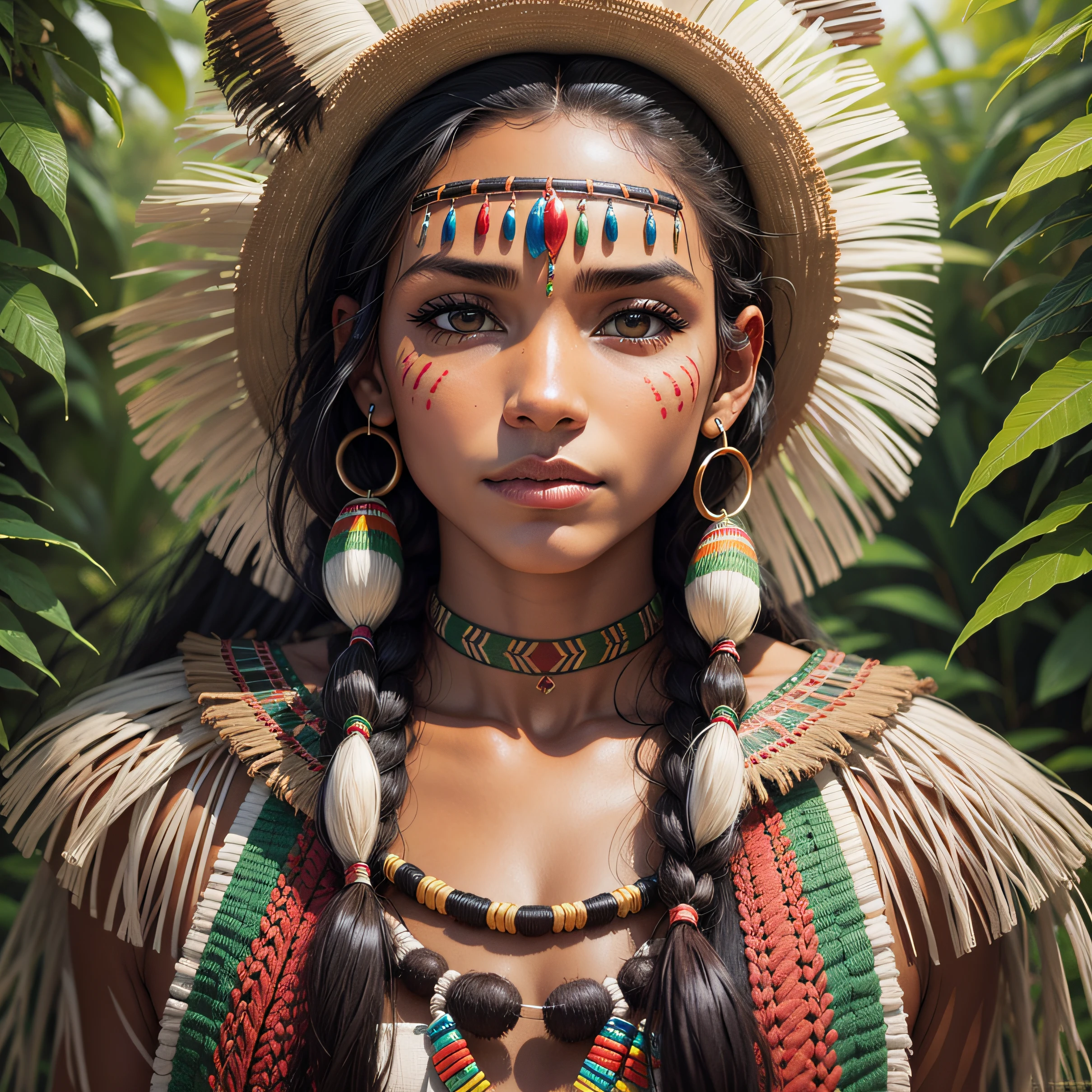 a photorealistic, 8k, HD cinematography showcasing an Aztec woman in an epic composition. Drawing inspiration from the rich Aztec culture, this visual masterpiece utilizes Unreal Engine to bring the scene to life. The cinematography captures the beauty of the Aztec woman in stunning detail, with ultra-high resolution and lifelike textures. The scene is carefully composed, emphasizing the intricate elements of Aztec art and design. The Aztec woman is adorned in traditional attire, featuring vibrant colors and intricate patterns that reflect the culture's deep symbolism. The camera angles and depth of field create a sense of depth and immersion, allowing viewers to appreciate every aspect of the woman's appearance. The lighting is meticulously crafted, combining natural lighting and studio techniques to enhance the Aztec woman's features. Soft lighting and volumetric effects add a touch of ethereal beauty, while carefully placed accent lighting accentuates her unique characteristics. Global illumination techniques, including screen space and ray tracing reflections, bring a sense of realism to the scene. The environment is enriched with Aztec-inspired props and settings, creating a visually captivating world. The attention to detail is remarkable, with hyper-detailed elements that showcase the intricate craftsmanship of the Aztec culture. The composition is beautifully color graded, enhancing the overall cinematic experience and adding a touch of artistic flair. The final result is a hyper-realistic portrayal of an Aztec woman, capturing the essence of her heritage and captivating viewers with its stunning visual quality. The composition is presented in 8k resolution, ensuring every nuance and detail is displayed in mesmerizing clarity, creating a truly immersive experience for the audience.