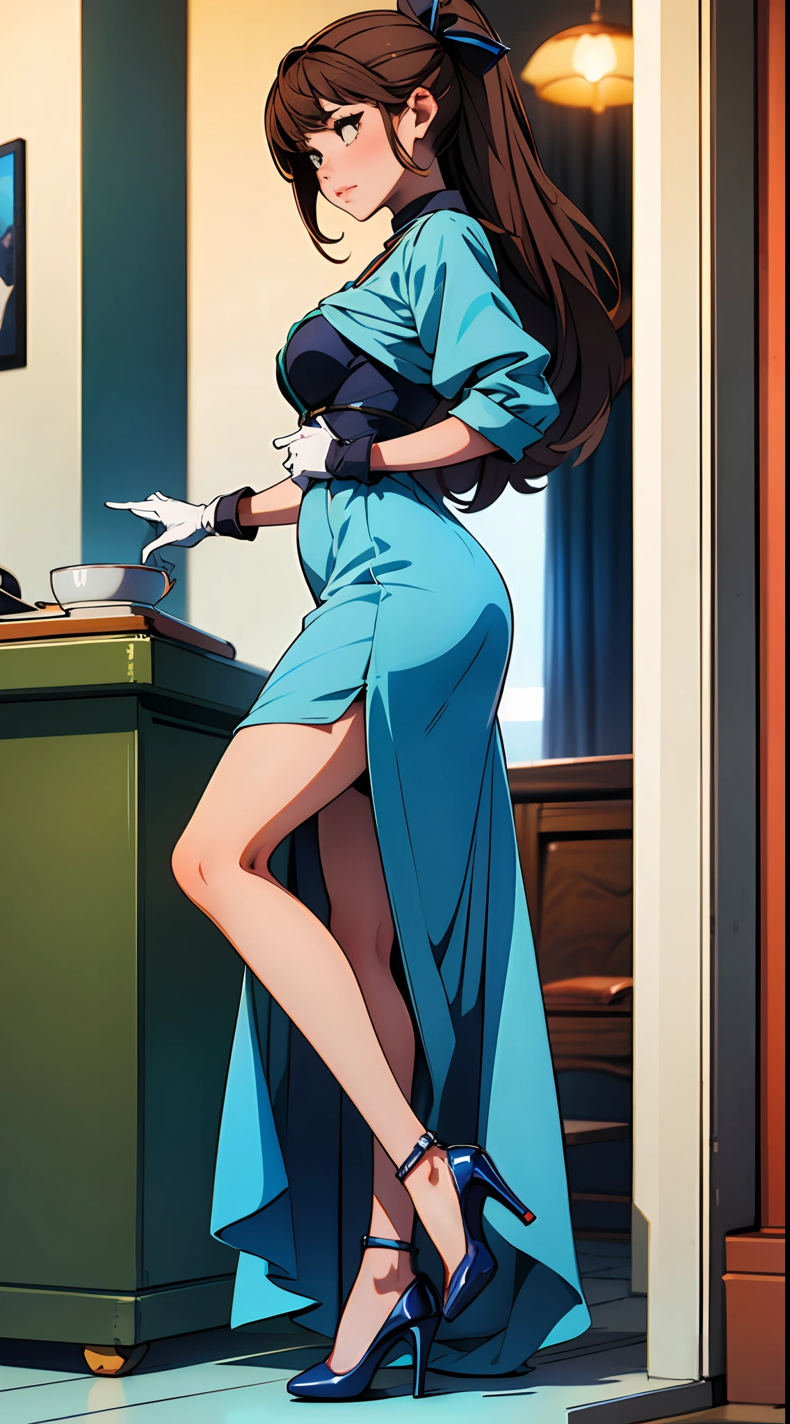 1girl, solo, brown hair, blue dress, long white gloves, blue high heels, closed toe high heels --auto