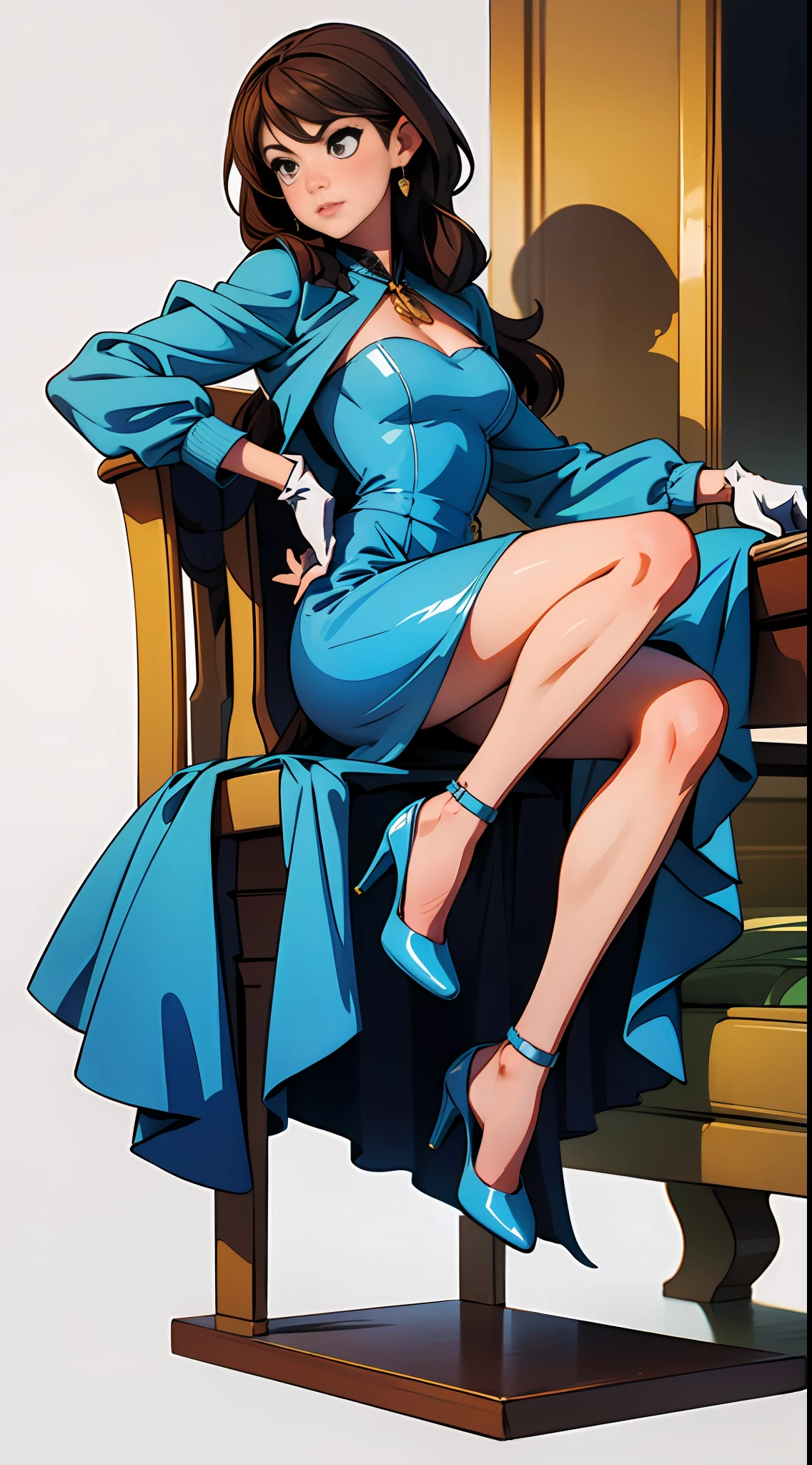 1girl, solo, brown hair, blue dress, long white gloves, blue high heels, closed toe high heels --auto