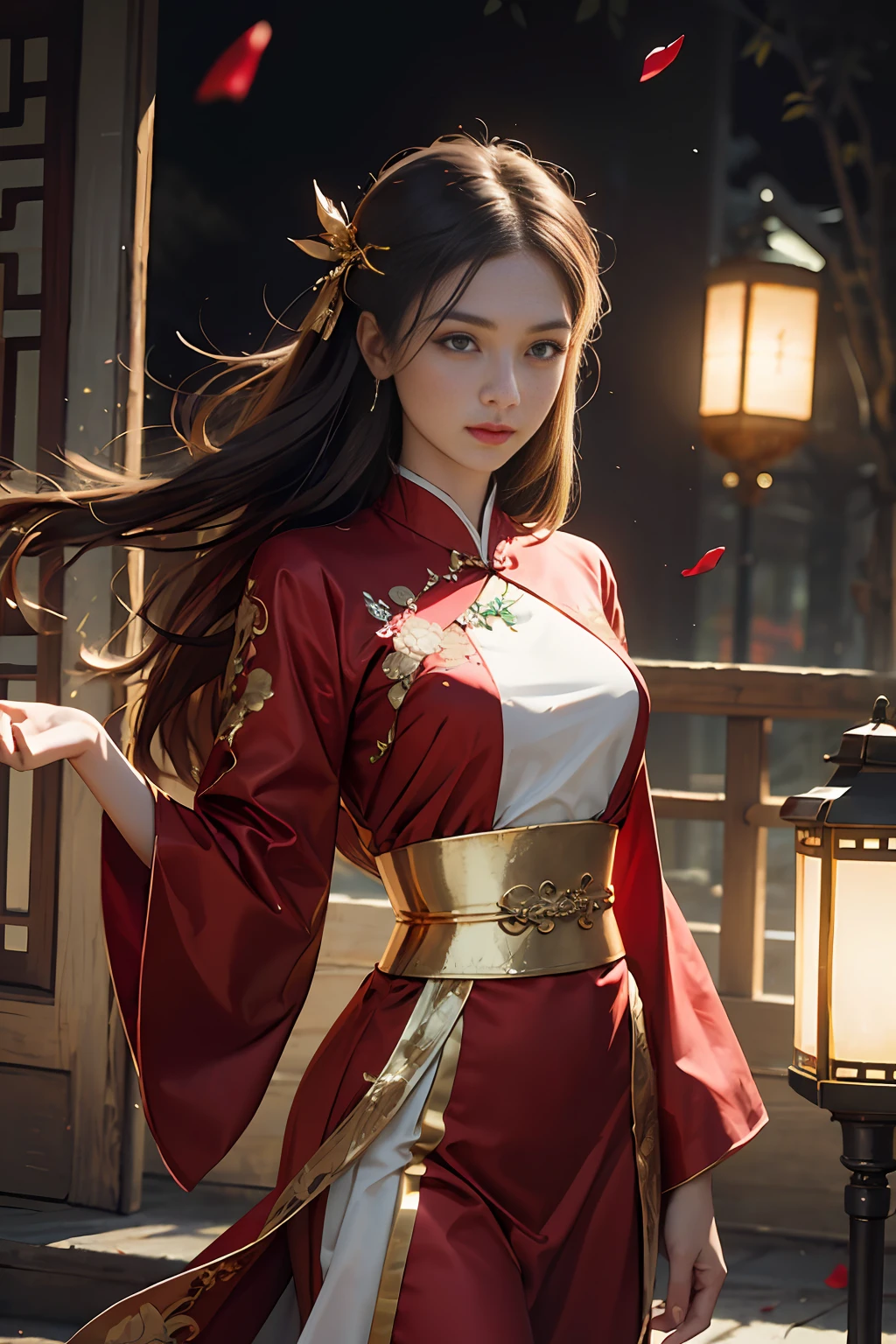 best quality, masterpiece, highres, (exquisite body:1.5),gorgeous face,(milky skin:1.3),intricate details,high resolution,wallpaper,
1girl, solo, dress, hair ornament, (((gold and red dress))), flowers, long hair, brown hair, closed mouth, jewelry, long sleeves, hand up, wide sleeves, big eyes,floating hair, chinese clothes, hanfu, embroidery, long skirt, natural pose, falling petals, indoor,fanning, lantern,
16K,HDR,highres,depth field,(film grain:1.1),boken,golden hour,(lens flare),vignette,rainbowing,(color grading:1.5)