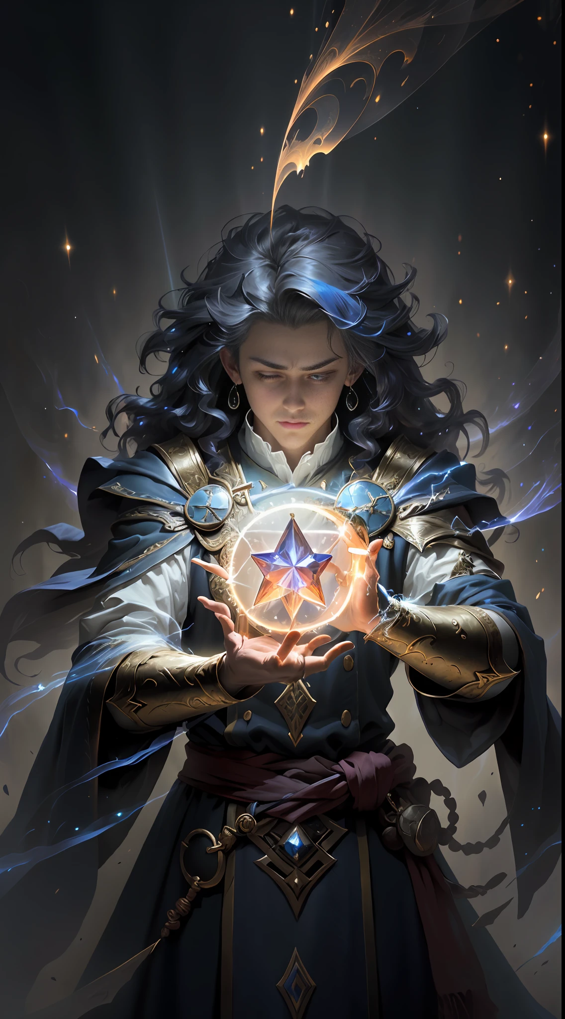 (((Masterpiece))), (((UHD))), (((Textured skin))), (((Super detail))), (((High details))), (((High quality))): Describe a Wizard in mystical robes, holding a gleaming crystal staff. The staff is adorned with arcane symbols and emanates an aura of power. The Magician is in the midst of a magical ritual, conjuring an area of effect magic. His hands are raised, and from the tips of his fingers burst beams of vibrant magical energy in intense colors. The scene is filled with vibrant colors, with the magic of the Magician creating a captivating visual spectacle. The magical rays intertwine in a complex pattern, forming a swirl of colors that spreads through the surrounding environment. Every detail of the magic is meticulously rendered, with textures and light effects that accentuate the pulsating energy. The Wizard's face reveals concentration and determination, his eyes shining with the intensity of the magic power summoned. Her attire is rich in detail, with flowing fabrics and adornments that reflect her expertise in arcane art. With the use of (((atmospheric perspective))), the image is captured at an angle that reveals magic spreading through the air and extending to the horizon, creating a sense of depth and realism. This image is a true work of art, with exceptional image quality and ultra high resolution (((UHD))). Each element, from the glow of the crystal on the staff to the magic rays in full flow, is worked with precision and care ((((super detail))). The vibrant colors and visual spectacle of the effect area magic create an impressive and engaging atmosphere. This high-quality magical representation is a celebration of the Magician's art and his mastery of arcane powers.