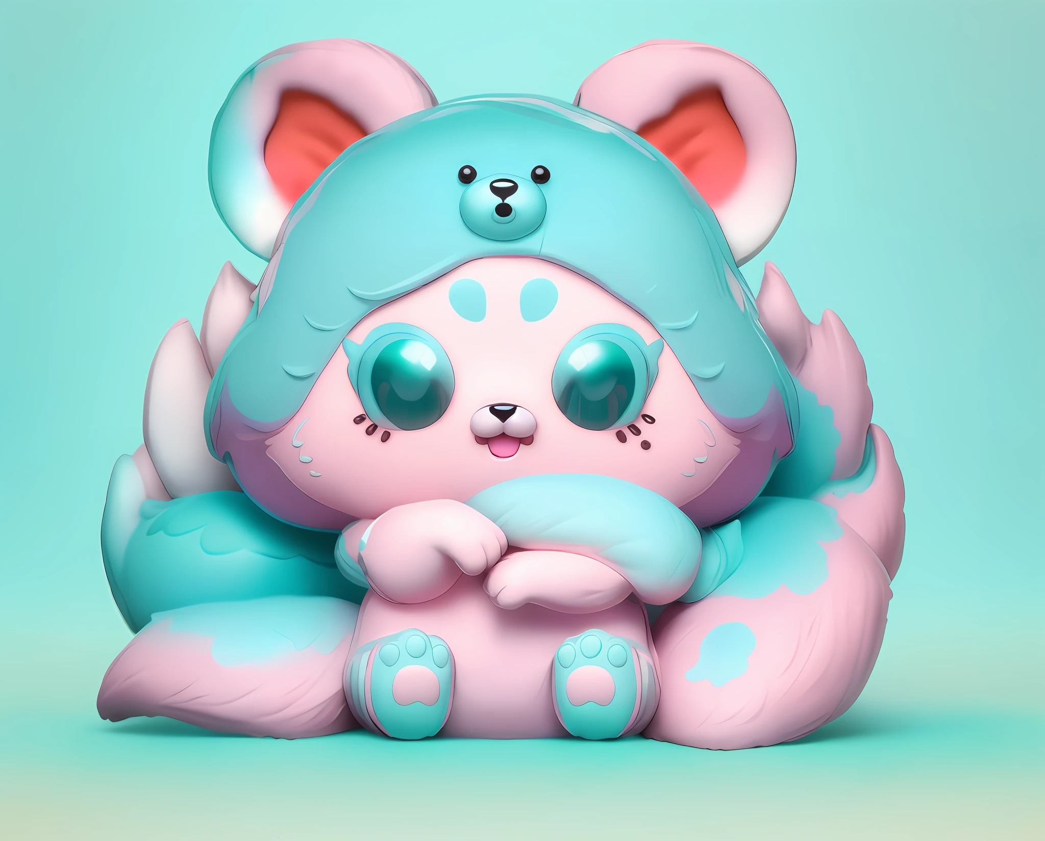 As a full body Funko Pop! , fox in teddy bear costume, vinyl toy, furry appearance, soft fluffy, as funko pop! , Inspired by close-up of Nyuju Stumpy Brown fox statue, cute, Tiffany Blue + Tiffany Green + White + Pink, pretty eyeballs, detailed images, Nendoroid 3 D, 3 D smallest pet shop cat, blender, pastel color scheme, masterpiece, best quality, DSLR camera, intricate details