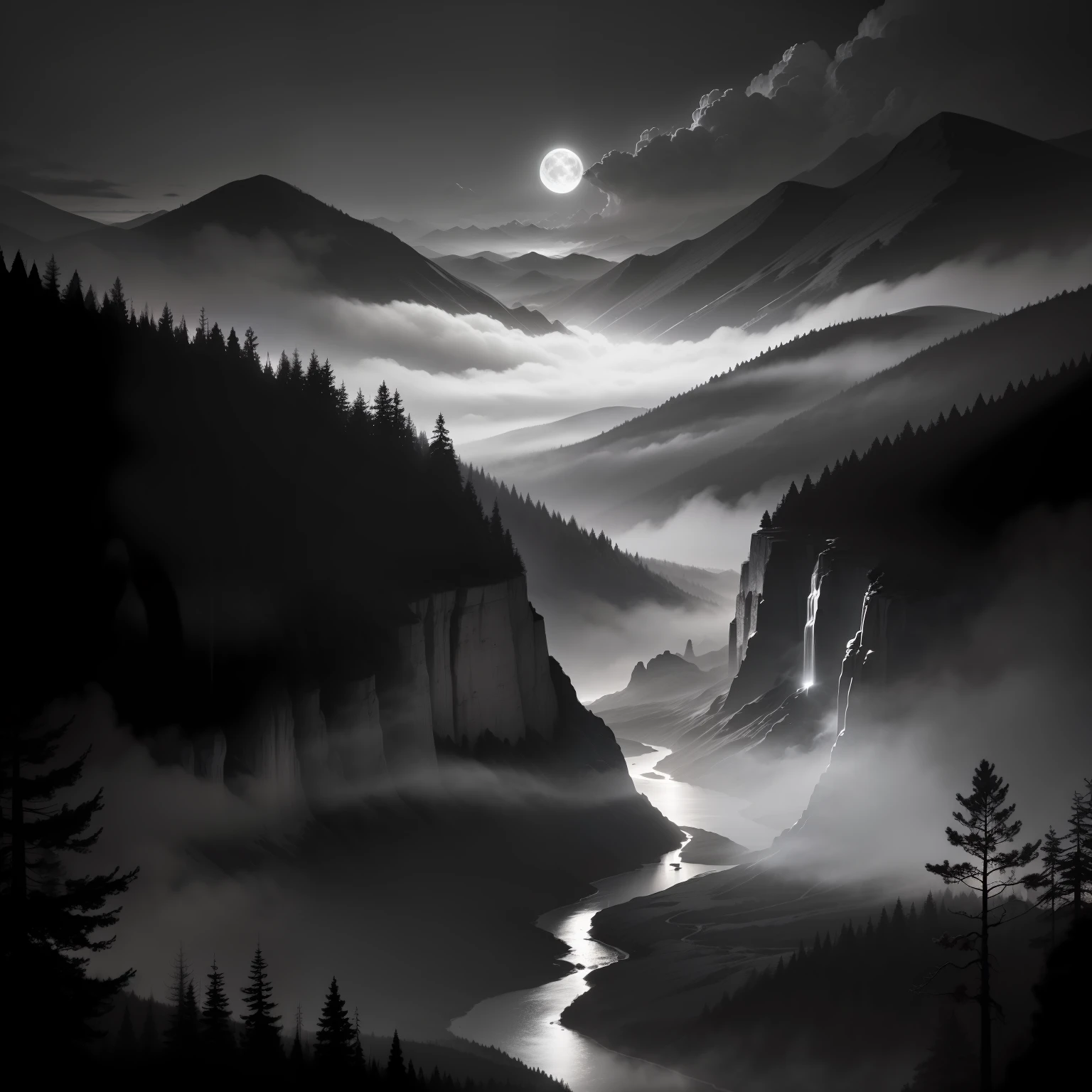 Masterpiece, best quality, beautiful night scene, with vast sky, continuous mountains and steep cliffs, paint wash style, contour light, atmospheric atmosphere, depth of field, rising mist, ((Lush Forest of Millennial Oaks)) , waterfall running water, big full moon, (No color), Monochrome, light color --auto