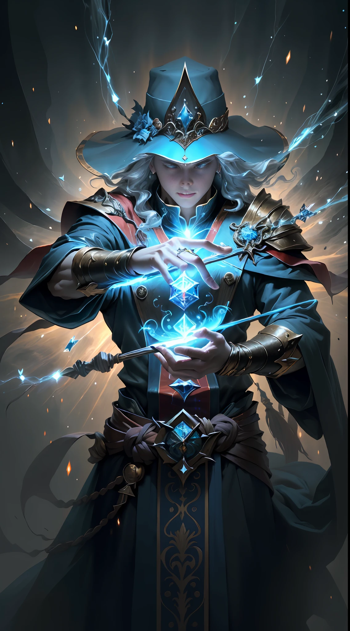 (((Masterpiece))), (((UHD))), (((Textured skin))), (((Super detail))), (((High details))), (((High quality))): Describe a Wizard in mystical robes, holding a gleaming crystal staff. The staff is adorned with arcane symbols and emanates an aura of power. The Magician is in the midst of a magical ritual, conjuring an area of effect magic. His hands are raised, and from the tips of his fingers burst beams of vibrant magical energy in intense colors. The scene is filled with vibrant colors, with the magic of the Magician creating a captivating visual spectacle. The magical rays intertwine in a complex pattern, forming a swirl of colors that spreads through the surrounding environment. Every detail of the magic is meticulously rendered, with textures and light effects that accentuate the pulsating energy. The Wizard's face reveals concentration and determination, his eyes shining with the intensity of the magic power summoned. Her attire is rich in detail, with flowing fabrics and adornments that reflect her expertise in arcane art. With the use of (((atmospheric perspective))), the image is captured at an angle that reveals magic spreading through the air and extending to the horizon, creating a sense of depth and realism. This image is a true work of art, with exceptional image quality and ultra high resolution (((UHD))). Each element, from the glow of the crystal on the staff to the magic rays in full flow, is worked with precision and care ((((super detail))). The vibrant colors and visual spectacle of the effect area magic create an impressive and engaging atmosphere. This high-quality magical representation is a celebration of the Magician's art and his mastery of arcane powers.