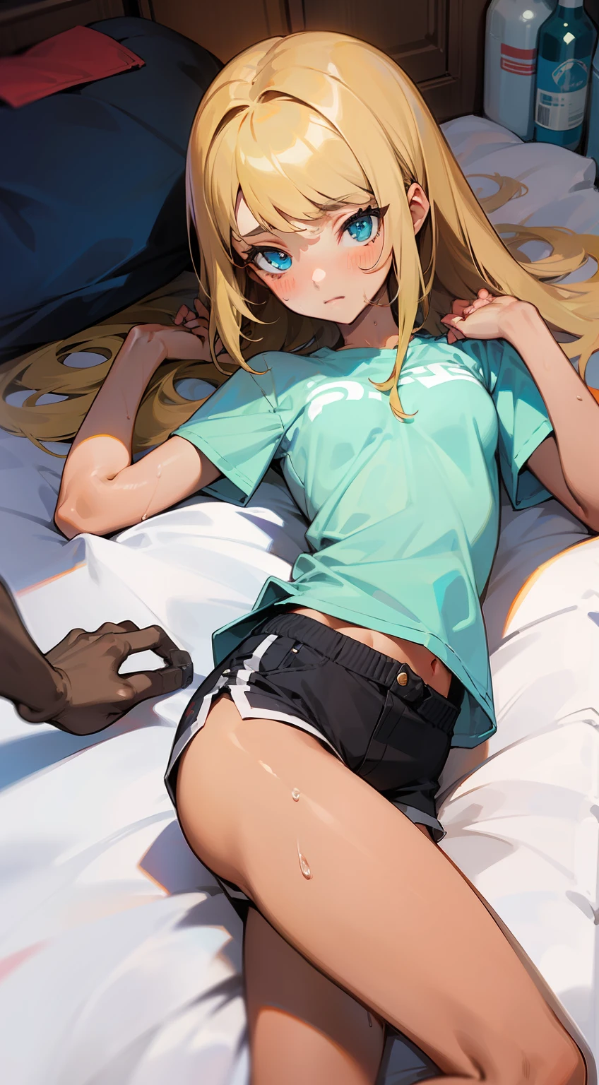 ((Masterpiece)), (Best Quality)), Illustration, 1 girl, Hair color, Bangs, Hairstyle fax, Portrait from the waist up, ((Small)), Tanned girl, Body details, T-shirt, shorts, Girl, Light green long blonde hair, Blue eyes, Dull bangs, Lying on your back, Hands behind your back, Close mouth, Hopelessness, Portrait of face taken from crotch,Zoom to crotch, sweat, breasts pushing up clothes, slapping the face on the buttocks, plastic bottles, wet mattresses, rooms with cluttered clothes,