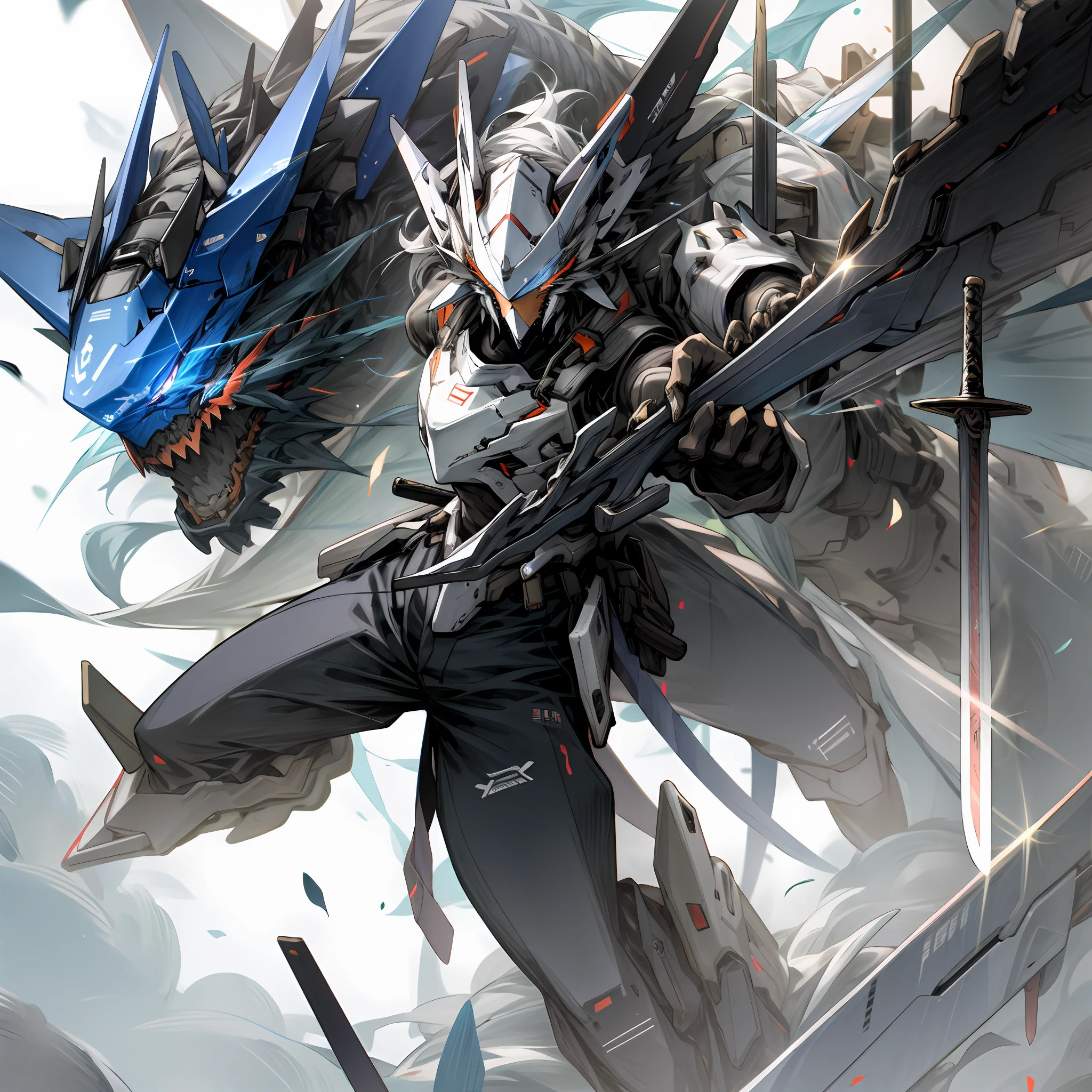 White and black mecha, Dragon helmet, claw weapons, long sword, dagger