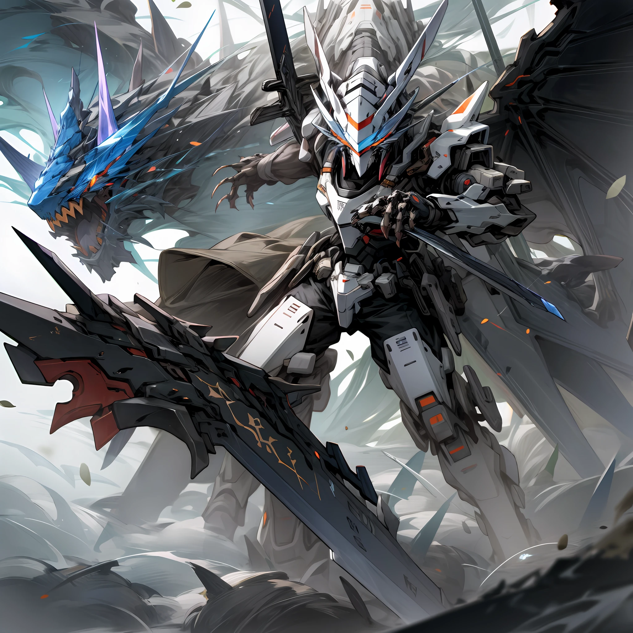 White and black mecha, Dragon helmet, claw weapons, long sword, dagger