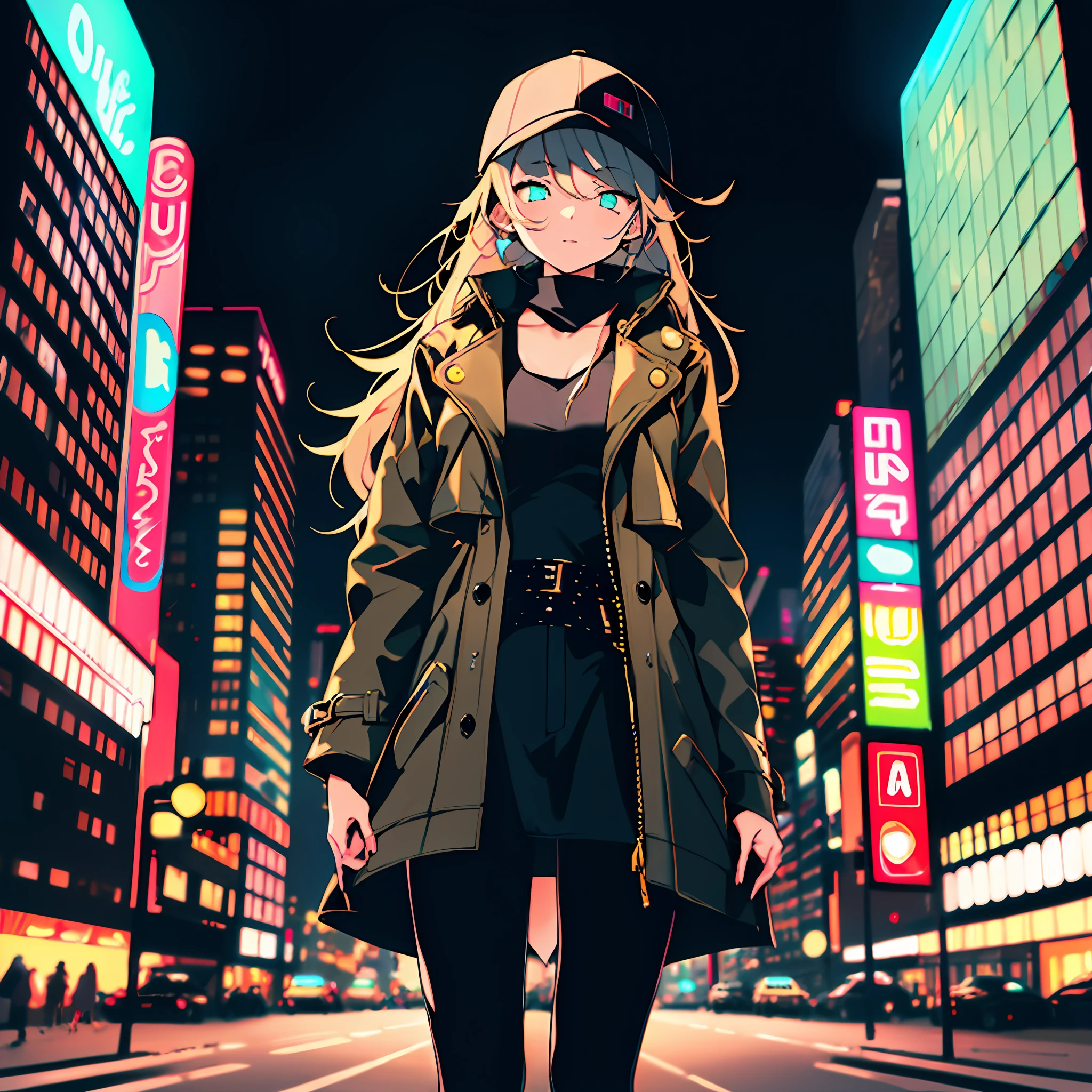 Cool and edgy style, a girl standing on a city street, wearing a stylish leather jacket or trench coat, she has a determined and confident expression, the background consists of tall buildings and shimmering neon lights, creating a cool and fashionable atmosphere