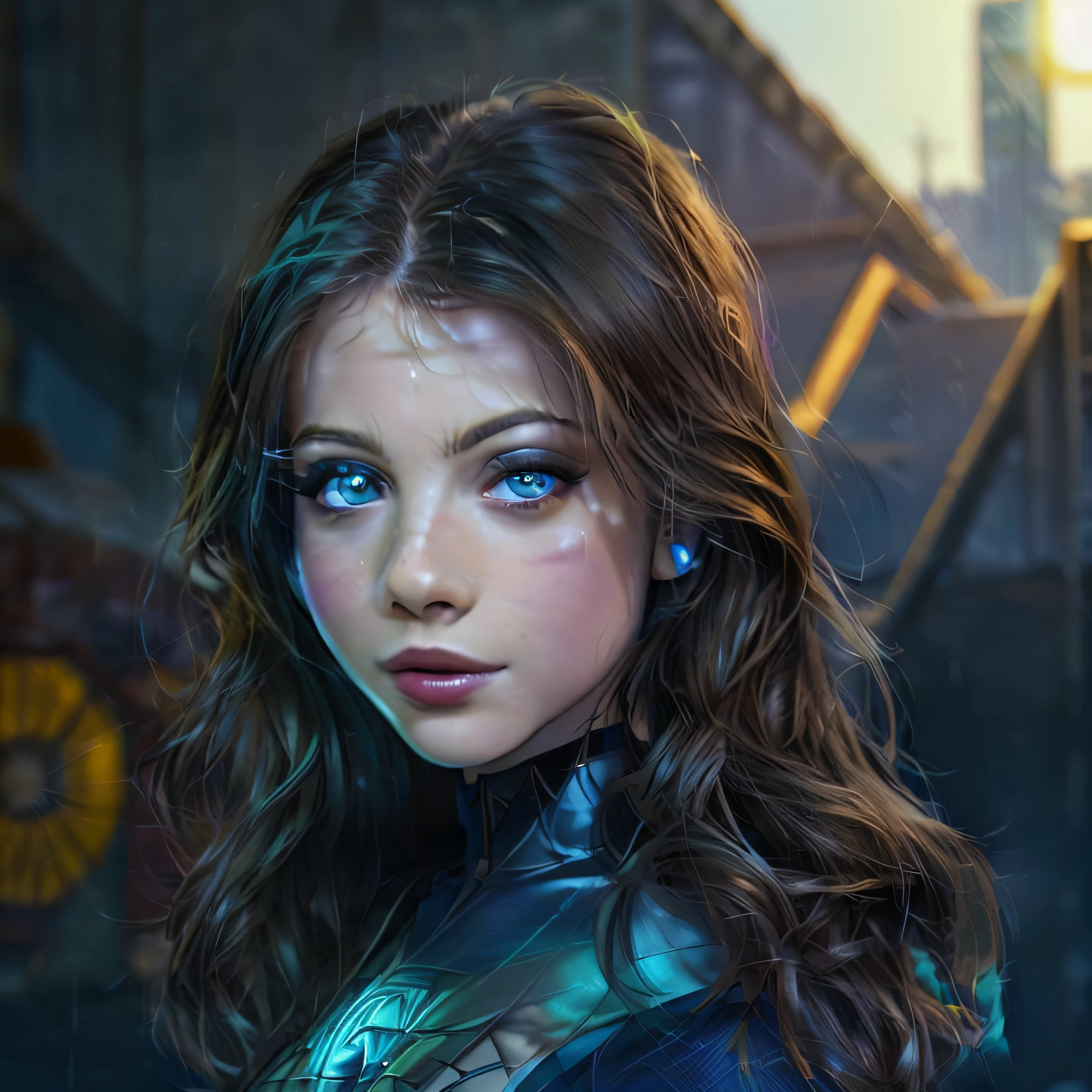 michelle trachtenberg, (as a Marvel superhero), supergirl, erotic photorealistic picture, (highly detailed infographic), perfect thighs, (revealing blue outfit), (futuristic city background), atmospheric lighting, cinematic composition, concept art, digital illustration, detailed, 8k wallpaper of the highest quality, sharp focus, NIKON, natural light, 8K, highly detailed, ((perfect eyes)), (detailed pupils)