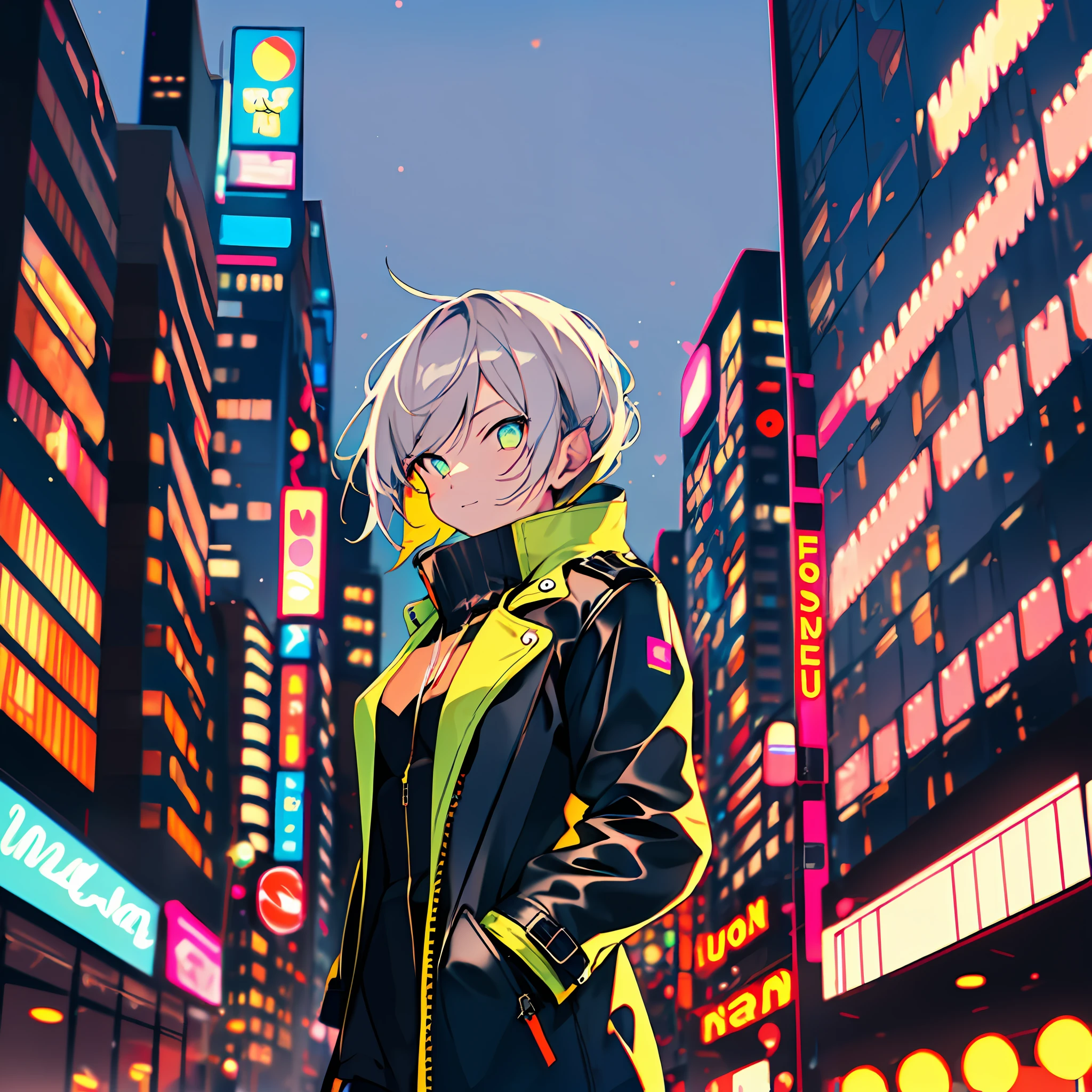 Cool and edgy style, a girl standing on a city street, wearing a stylish leather jacket or trench coat, she has a determined and confident expression, the background consists of tall buildings and shimmering neon lights, creating a cool and fashionable atmosphere