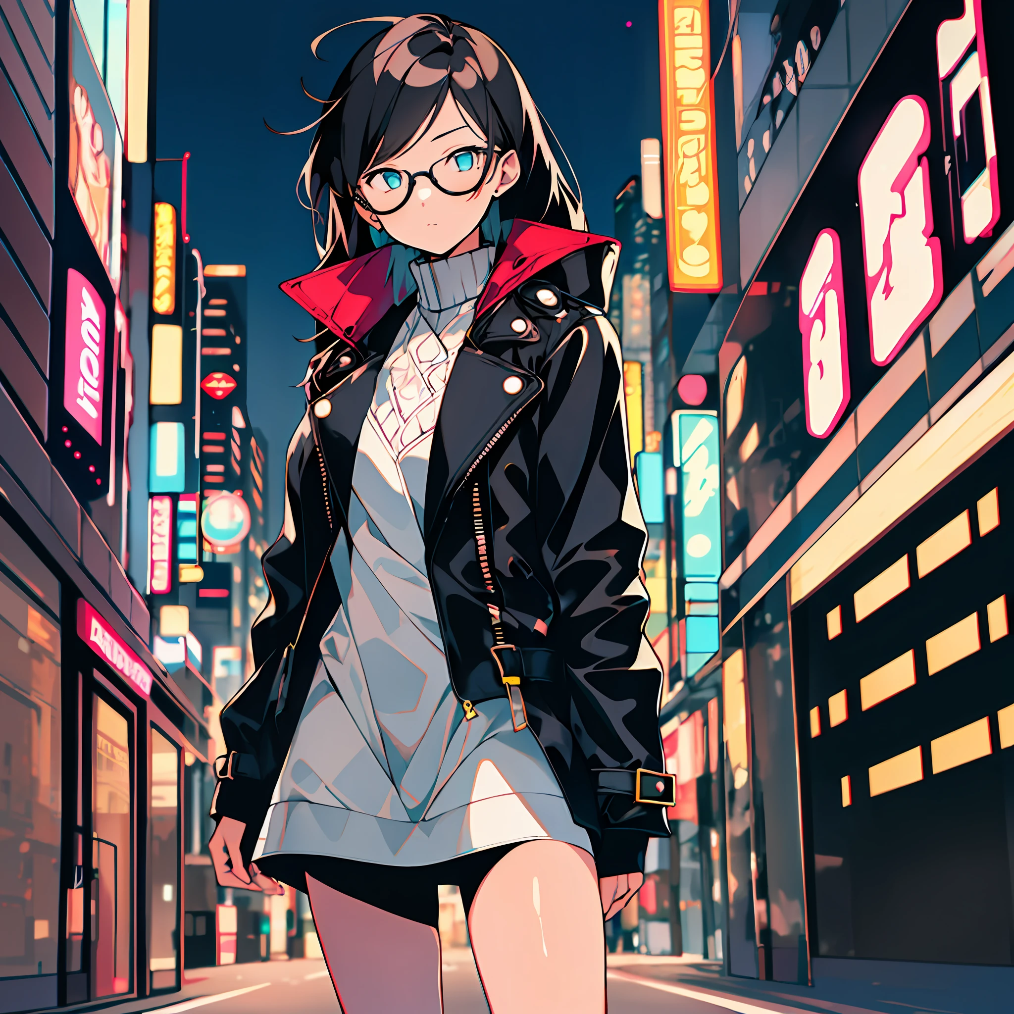 Cool avant-garde style, a girl standing on a city street, wearing a stylish leather jacket or trench coat with black-framed glasses, her expression is firm and confident, and the background is composed of high-rise buildings and flashing neon lights, creating a cool and stylish atmosphere