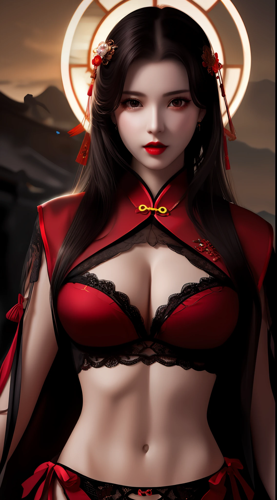 Realistic, 1 girl, see-through chinese armor soft red black, very large breasts, black hair, red lips, detailed eyes , dark backgrou,,Low light, Chinese underwear, best face,upper body, Low light landscape, sexy style, royal, Penetration , chinese underwear