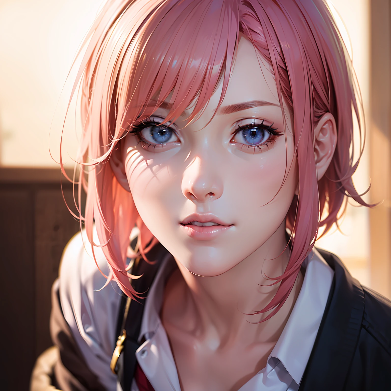 (masterpiece:1.3), (8k, photorealistic, RAW photo, best quality, fullbody, human size, perfect anatomy, perfect body:1.5), 1girl, beautiful face, (realistic face:1.7), (soft pink hair, short hair:1.3), Nice hairstyle，Realistic Eyes，Nice detail eyes，（Realistic Skin），Beautiful Skin，（Lingerie），(school uniform),  Ridiculous，attractive，Ultra high Resolution，an ultra realistic，RAWExtremely detailed,  view from side,  frame from head to knee,  captured with professional DSLR, golden proportions，全身写真