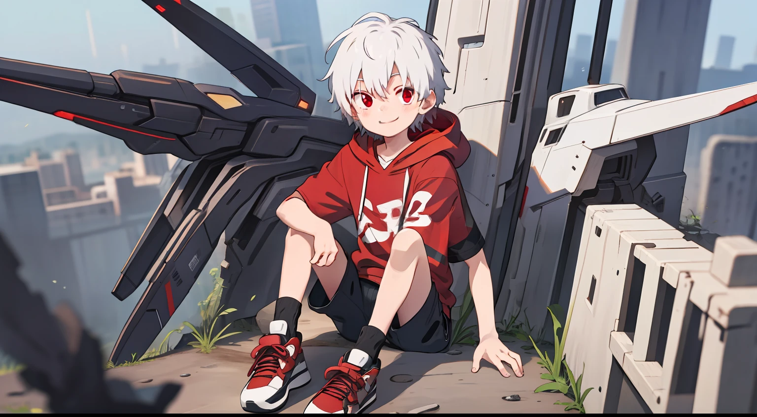 (high-quality, breathtaking),(expressive eyes, perfect face), 1boy, solo, short, young boy, short white hair, red eyes, black cyber hoodie, wear short shorts, smilling, sit in a mecha